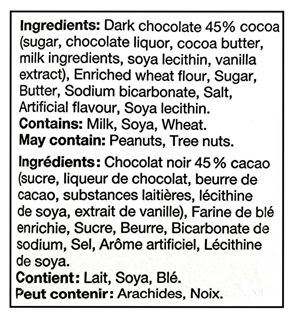 Ingredients list for Leclerc Celebration 45% Dark Chocolate Butter Cookies on a black background