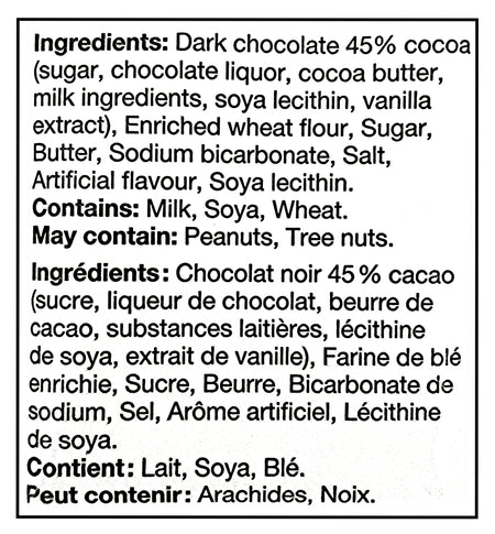 Ingredients list for Leclerc Celebration 45% Dark Chocolate Butter Cookies on a black background
