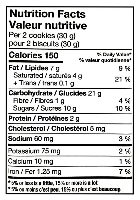 Nutrition facts label for Leclerc Celebration 45% Dark Chocolate Butter Cookies with detailed calorie and ingredient information.