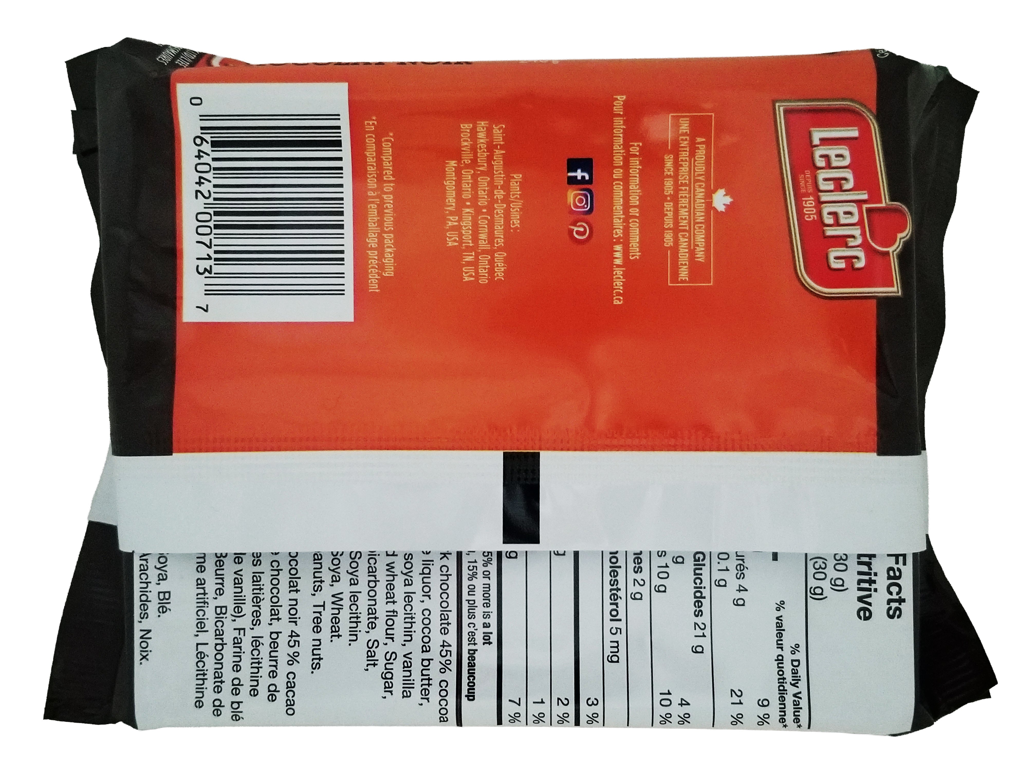 Back view of a Leclerc Celebration 45% Dark Chocolate Butter Cookies packaging with branding and nutritional information.