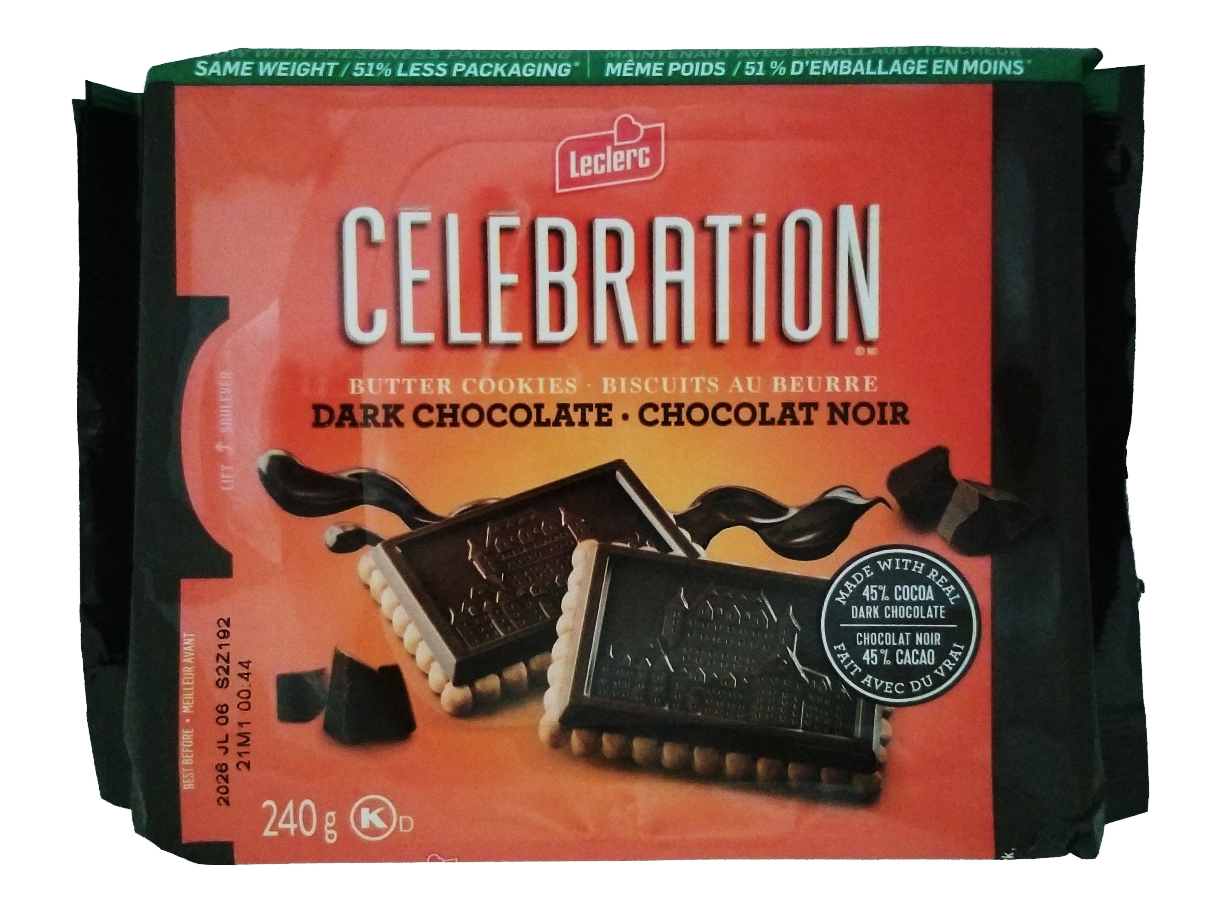 Packaging of Leclerc Celebration Dark Chocolate Butter Cookies on a white background
