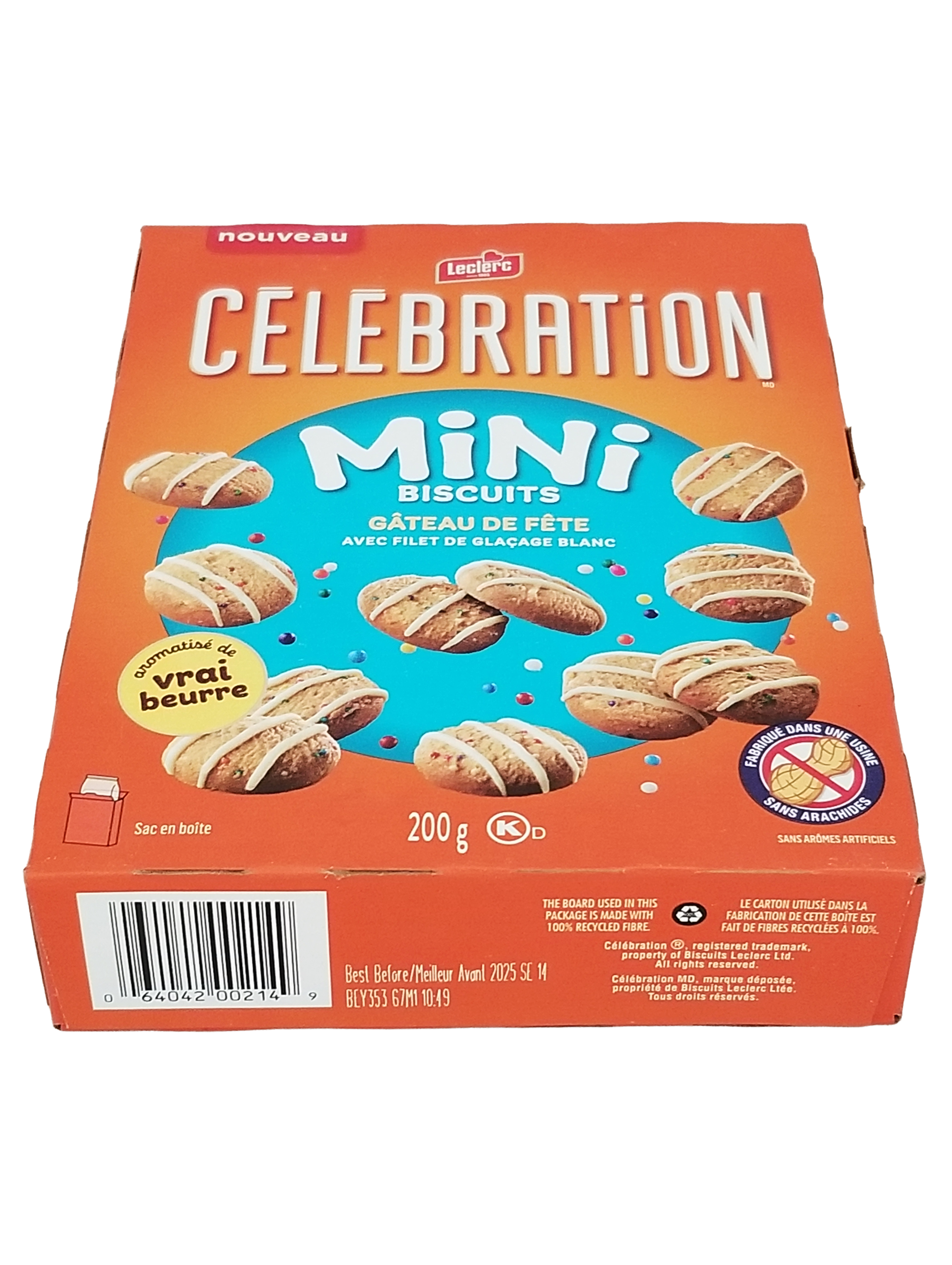 Box of Celebration Mini Biscuits with orange and blue design on a white background
