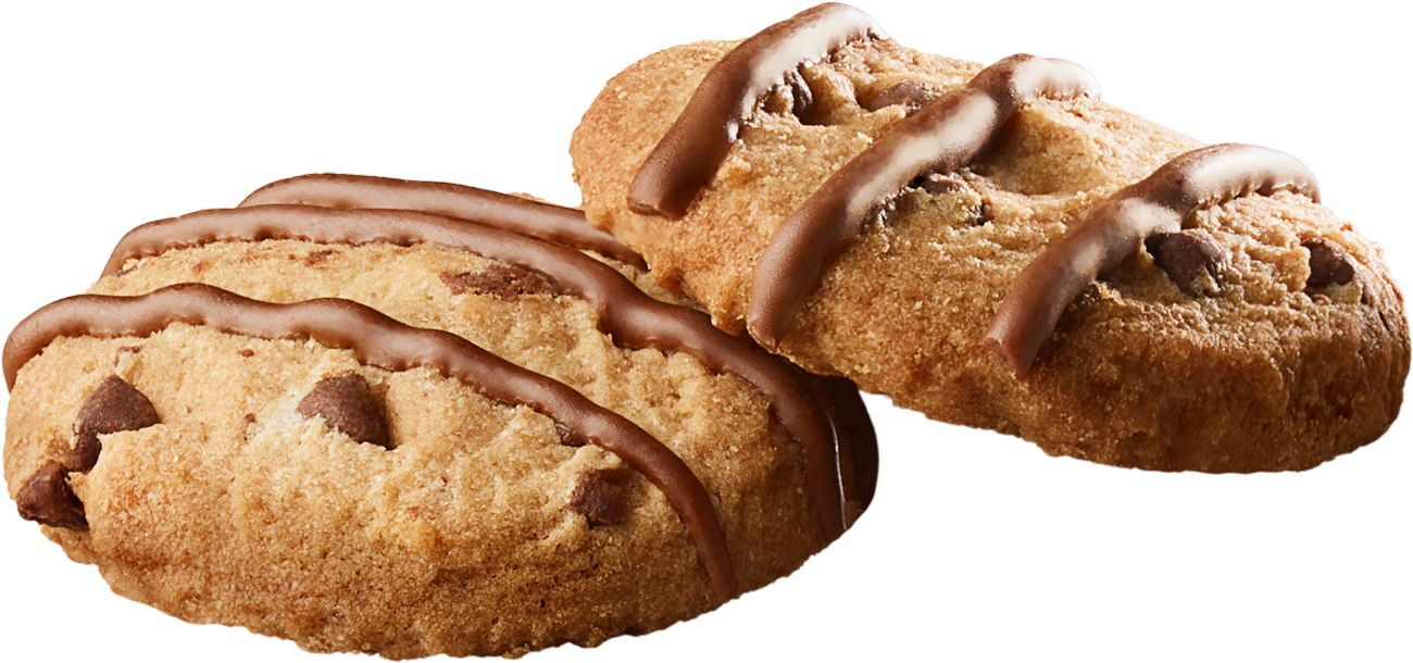 Two Leclerc Celebration Chocolate Chip Mini Cookies with chocolate drizzle on a white background