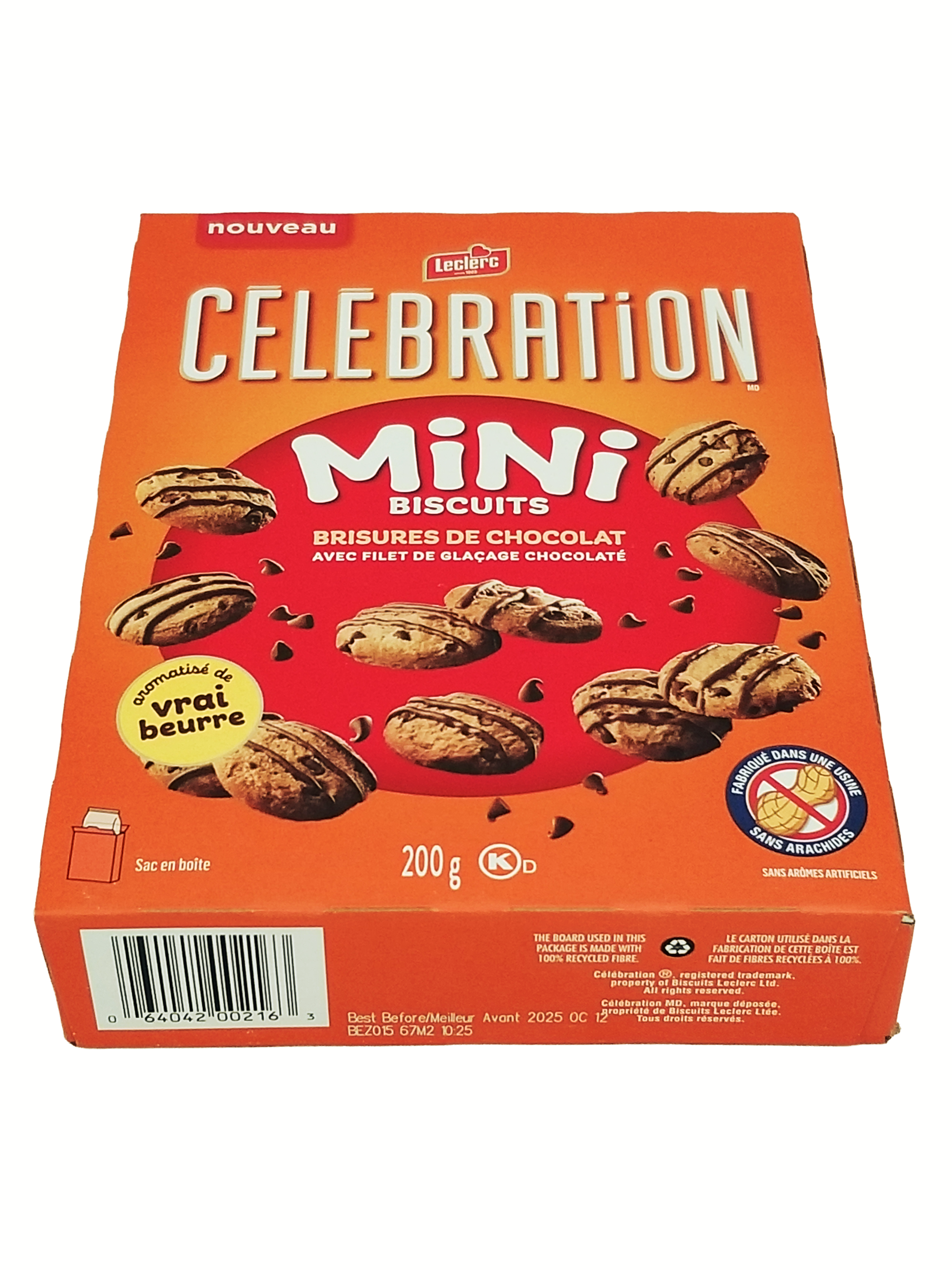 Box of Celebration Mini Biscuits with chocolate filling on an orange background