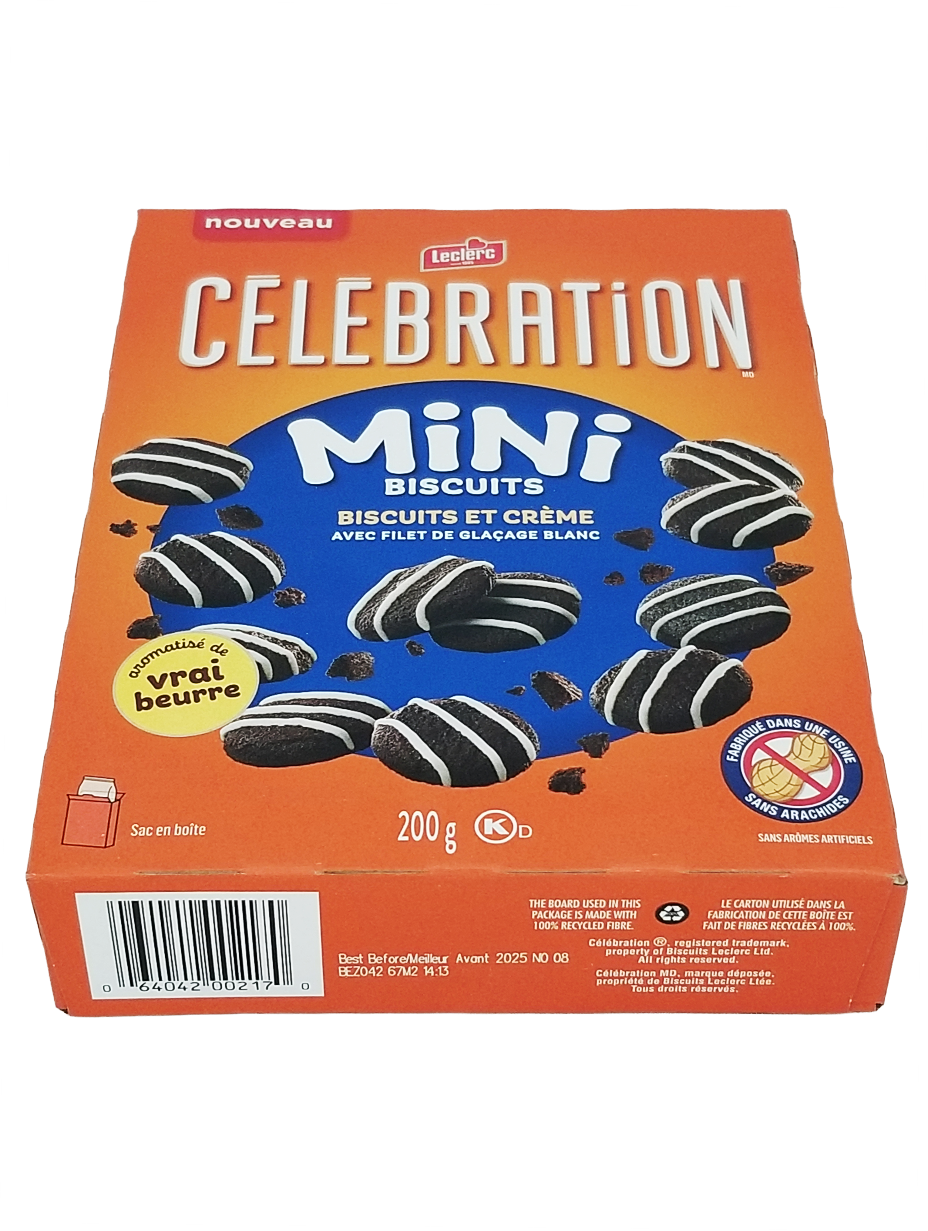 Box of Celebration Mini Biscuits with orange and blue design on a white background