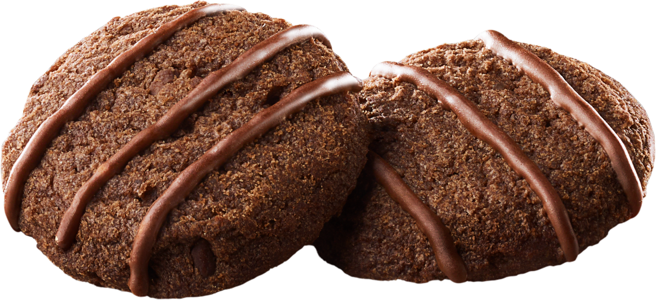 Two Leclerc Celebration Double Chocolate Mini Cookies with a drizzle of chocolate icing on a white background