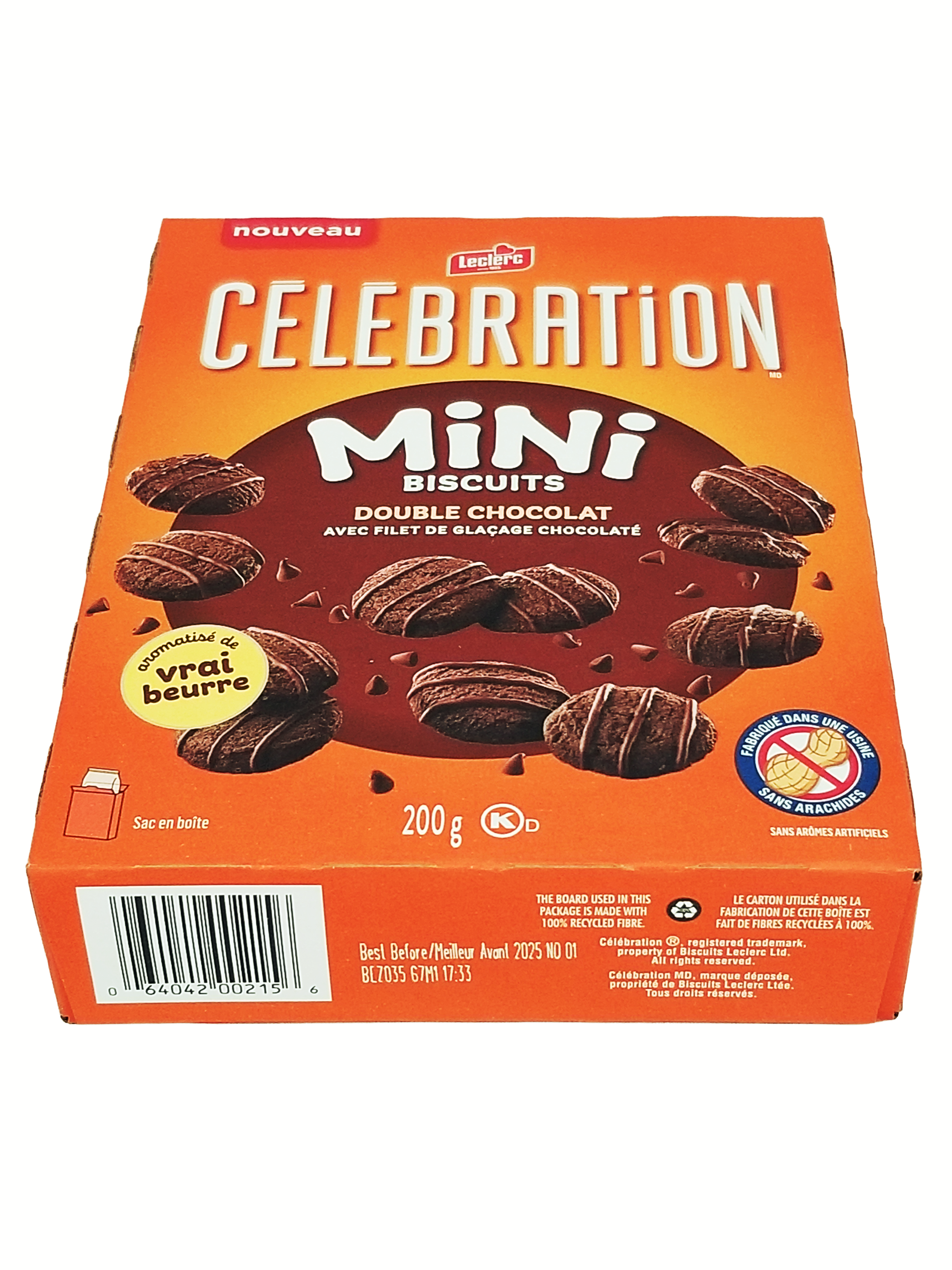 Box of Celebration Mini Biscuits with chocolate flavor on an orange background
