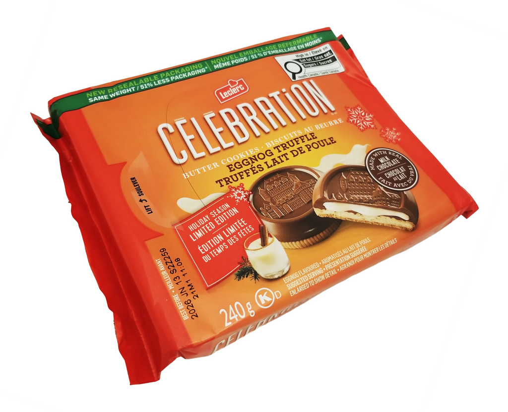 Packaging of Leclerc Celebration Eggnog Truffle Butter Cookies, 240g with a white background
