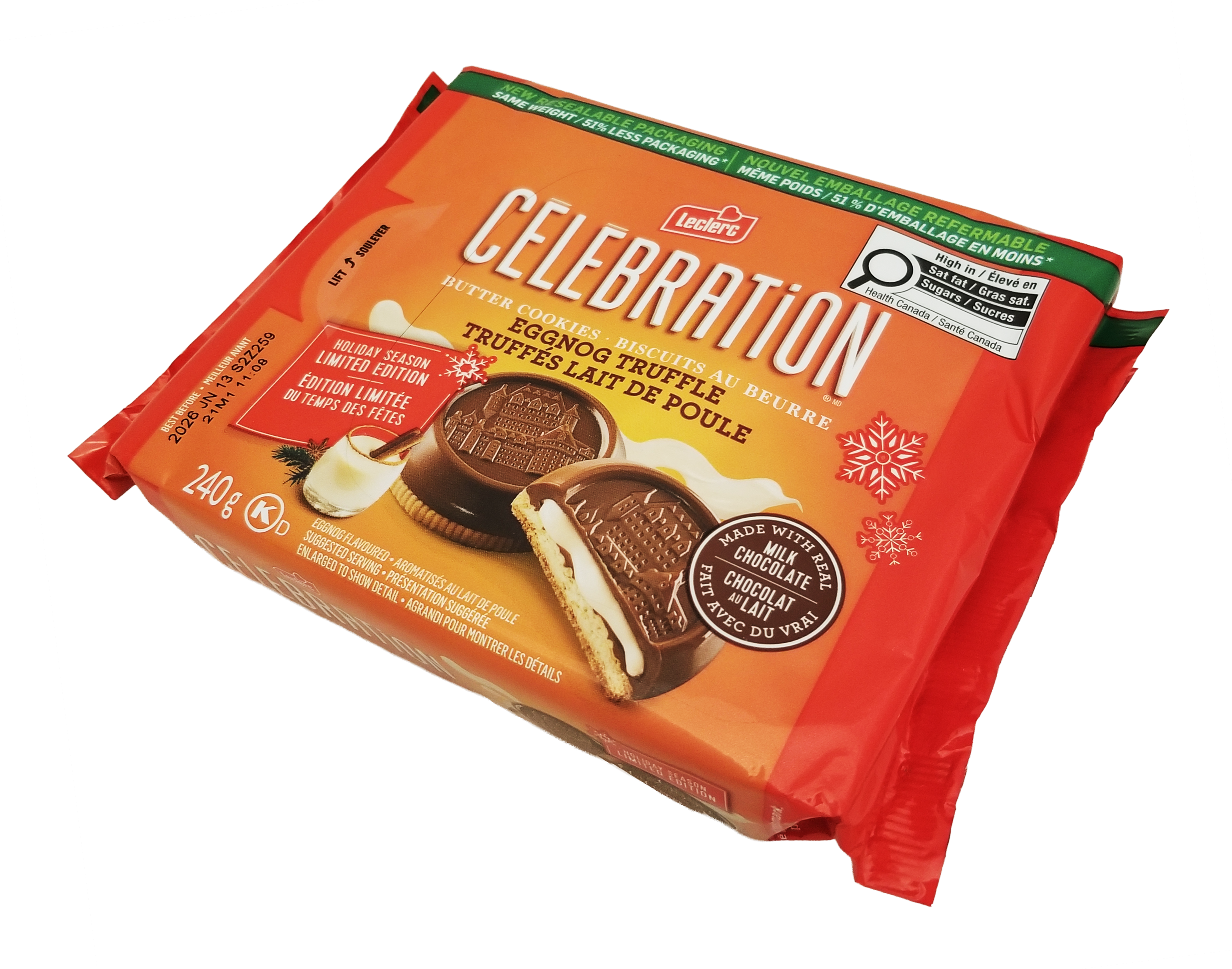 Packaged Leclerc Celebration Eggnog Truffle Butter Cookies, 240g on an orange and green background