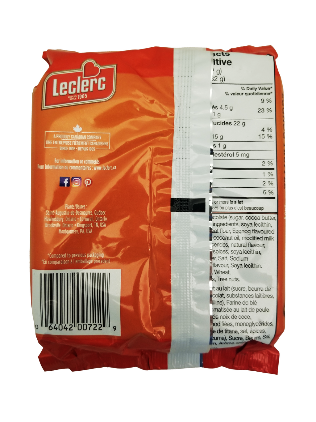 Back view of Leclerc Celebration Eggnog Truffle Butter Cookies, 240g packaging with nutritional information and branding.