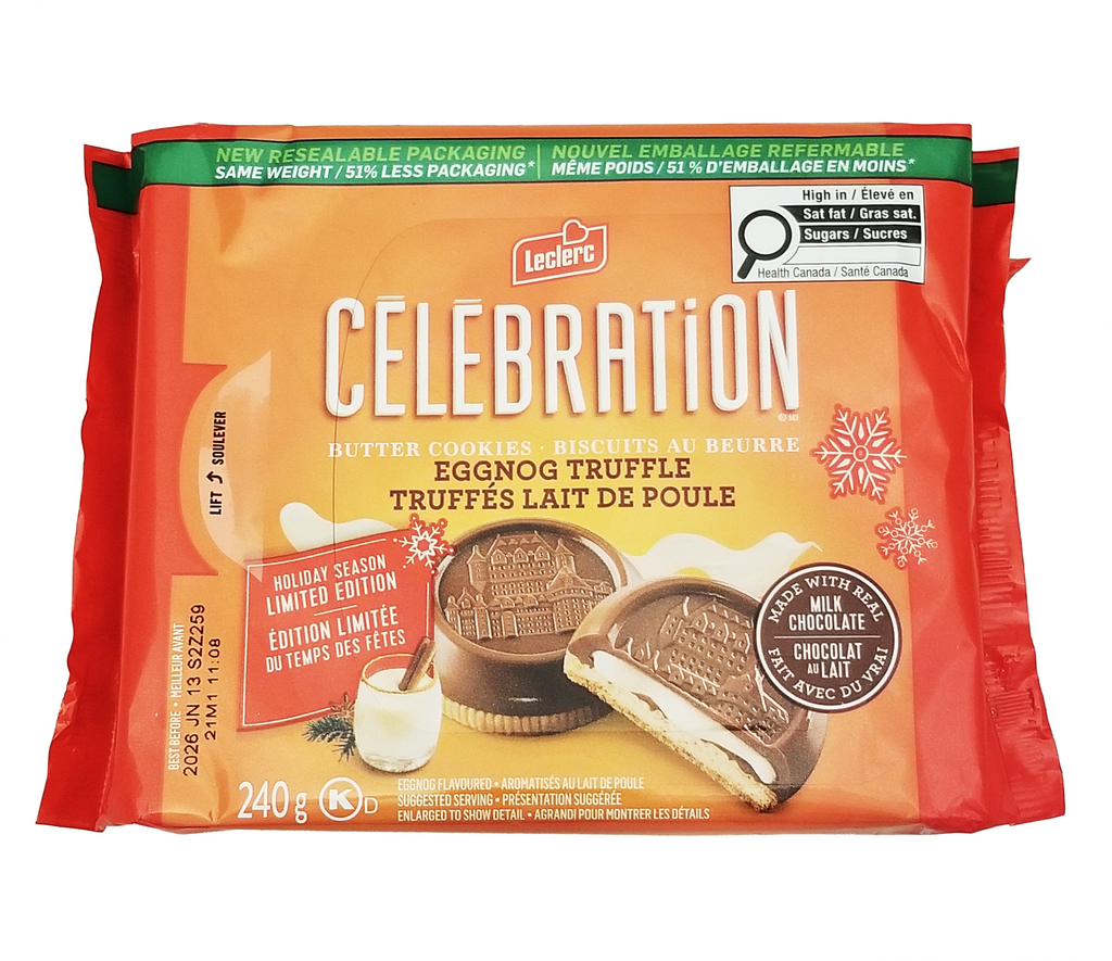 Packaging of Leclerc Celebration Eggnog Truffle Butter Cookies, 240g with a festive design.