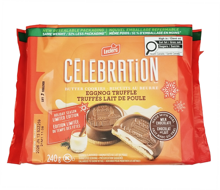 Packaging of Leclerc Celebration Eggnog Truffle Butter Cookies, 240g with a festive design.