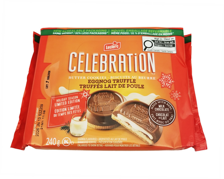 Package of Leslers Celebration Eggnog Truffle cookies with a festive design.
