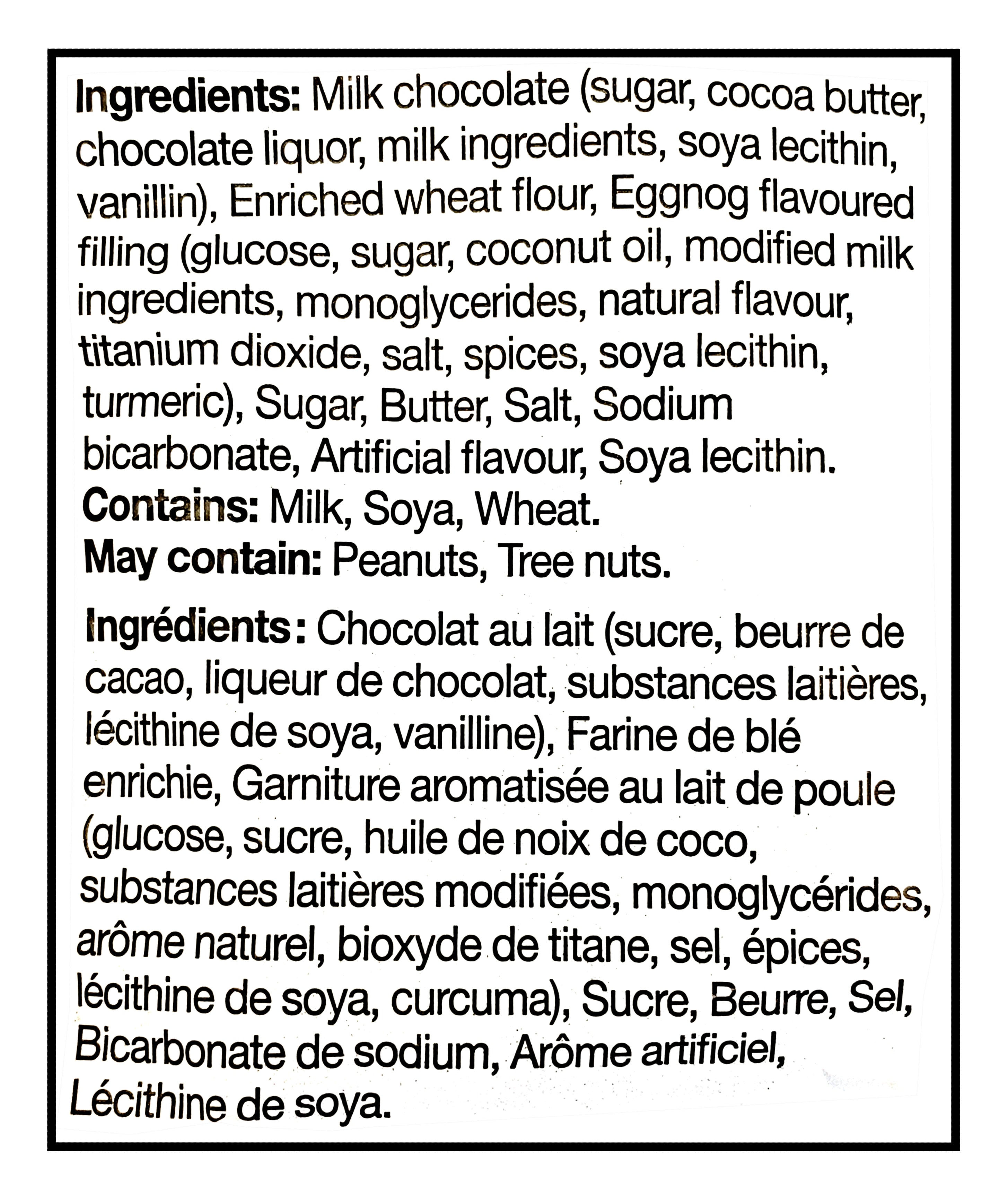 Ingredients list for Leclerc Celebration Eggnog Truffle Butter Cookies, 240g on a white background