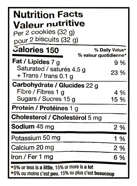 Nutrition facts label for Leclerc Celebration Eggnog Truffle Butter Cookies, 240g with black text on a white background