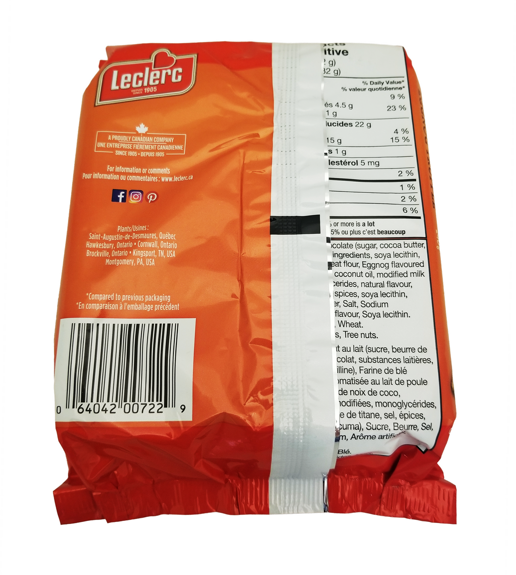 Back of a Leclerc Celebration Eggnog Truffle Butter Cookies, 240g package with nutritional information and branding.