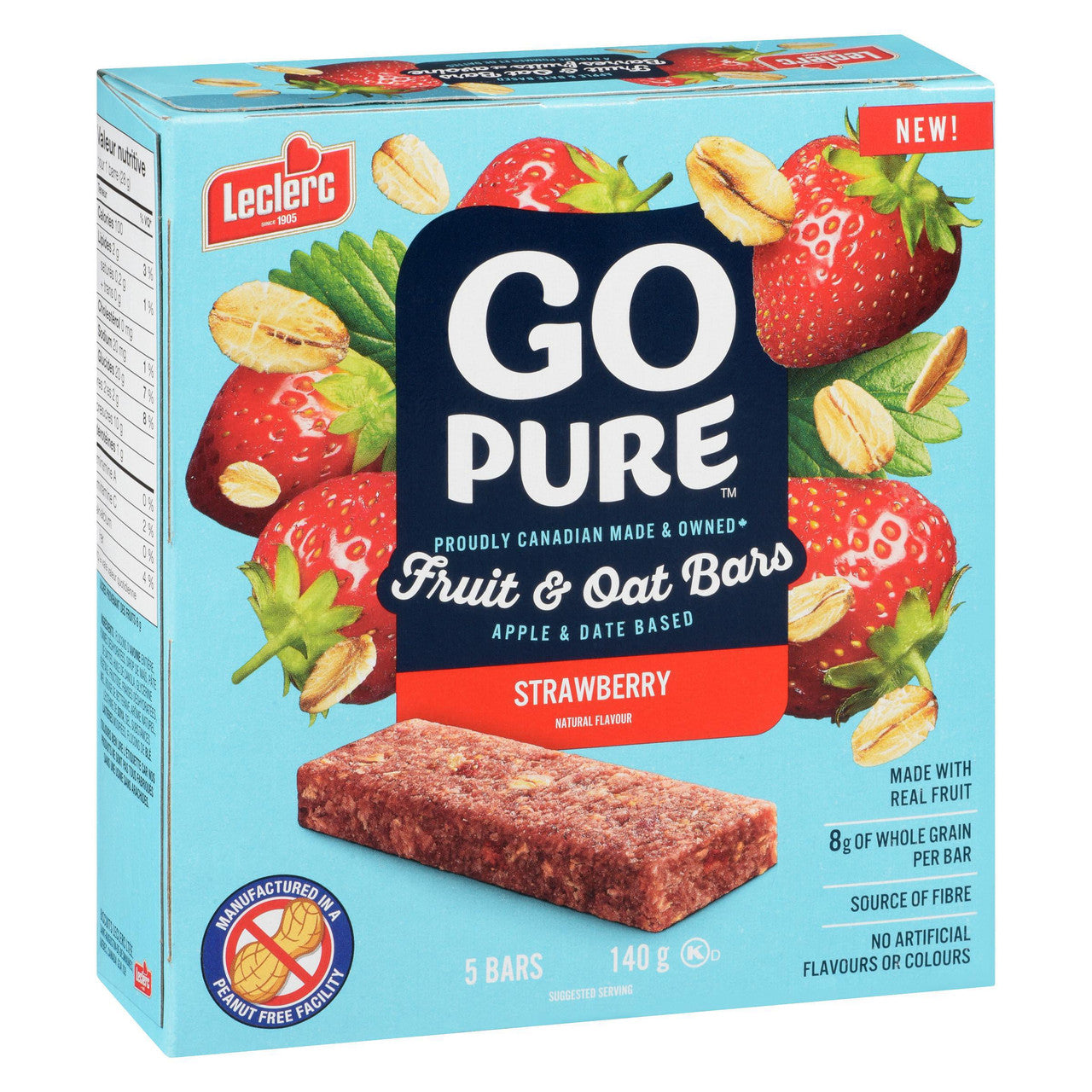Leclerc Go Pure Strawberry Fruit & Oat Bars, 140g/5 oz. Box Left Angle