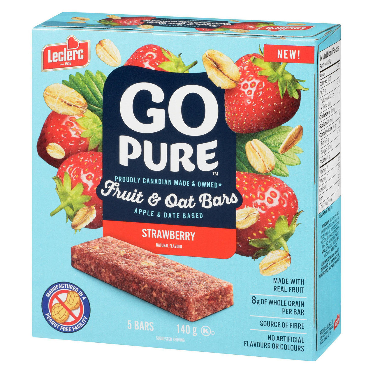Leclerc Go Pure Strawberry Fruit & Oat Bars, 140g/5 oz. Box Right Angle