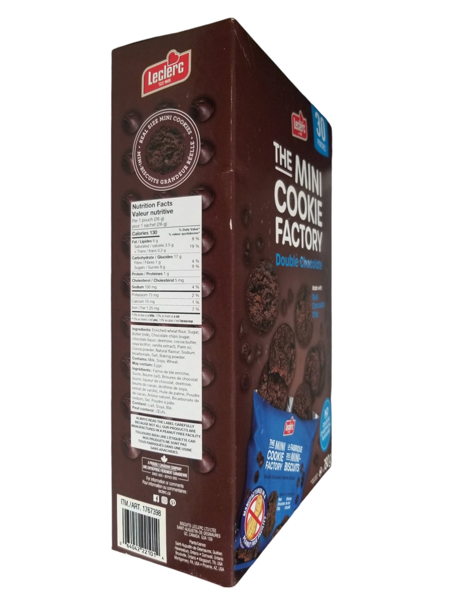 Leclerc The Mini Cookie Factory Double Chocolate Cookies, 30 Pouches, 780g/27 oz. Box