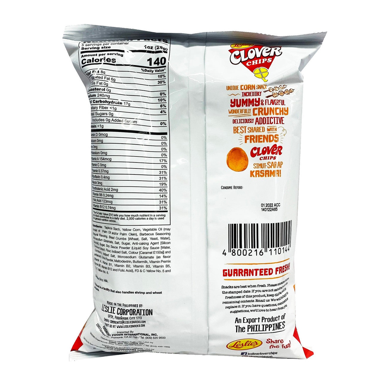 Leslie's Clover Chips Barbeque Corn Snacks, 145g/15 oz., Bag, {Imported from Canada}