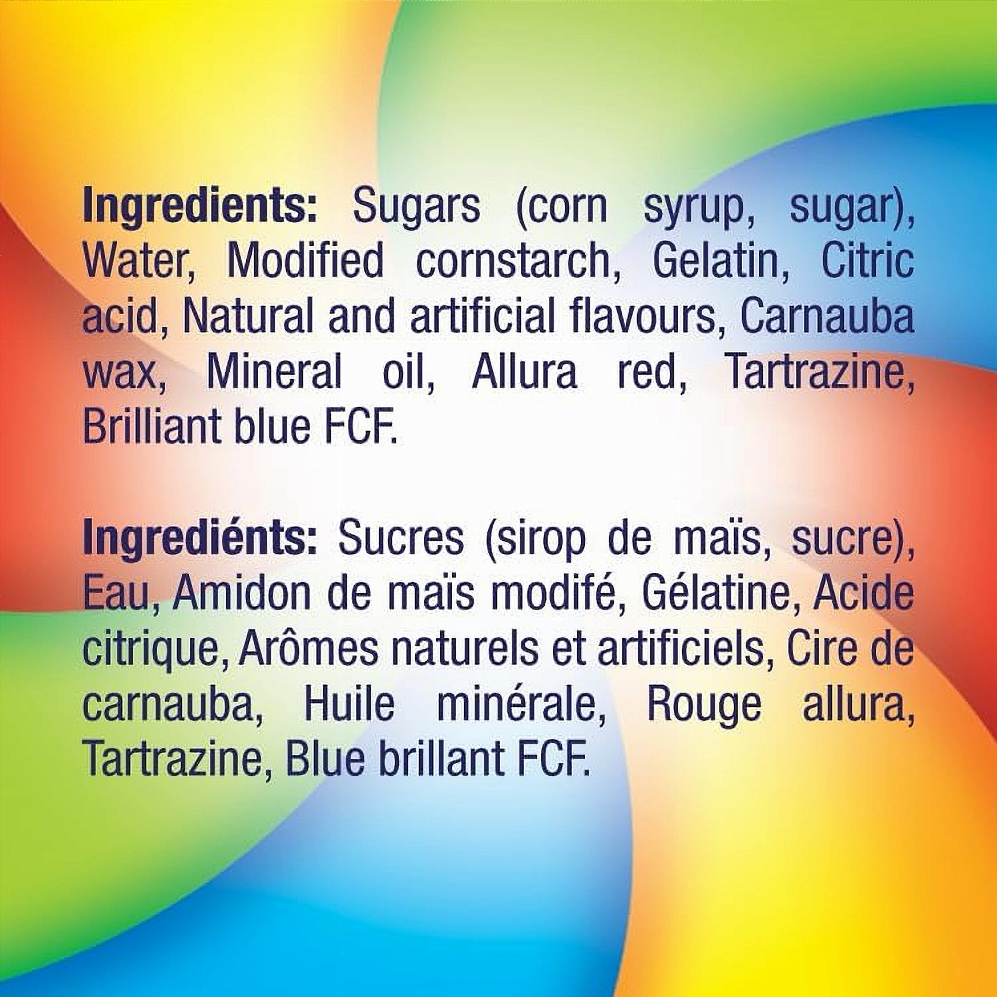 Ingredients list for Life Savers Fruit Rings Gummy Candy 180g on a colorful background