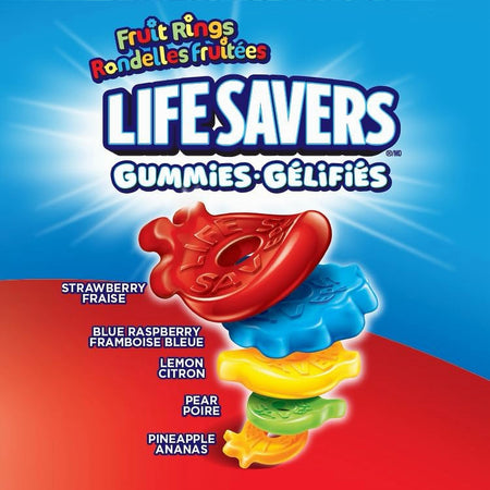 Life Savers Gummies 180g packaging with colorful gummy rings and flavor names on a blue and red background.