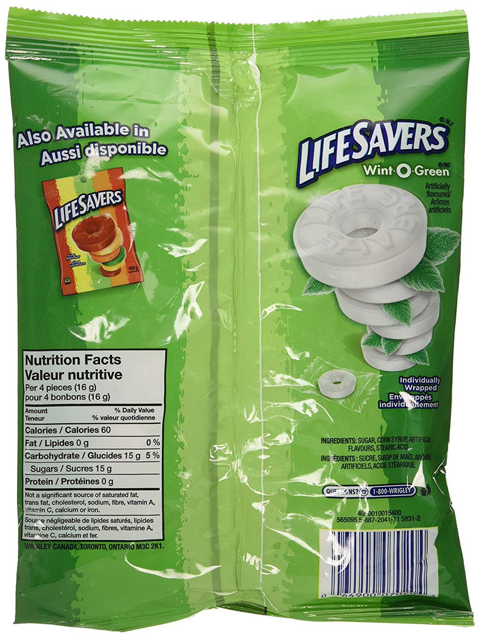 Life Savers Wint-O-Green, Peg Bag, 150g/5.3oz. Back Side