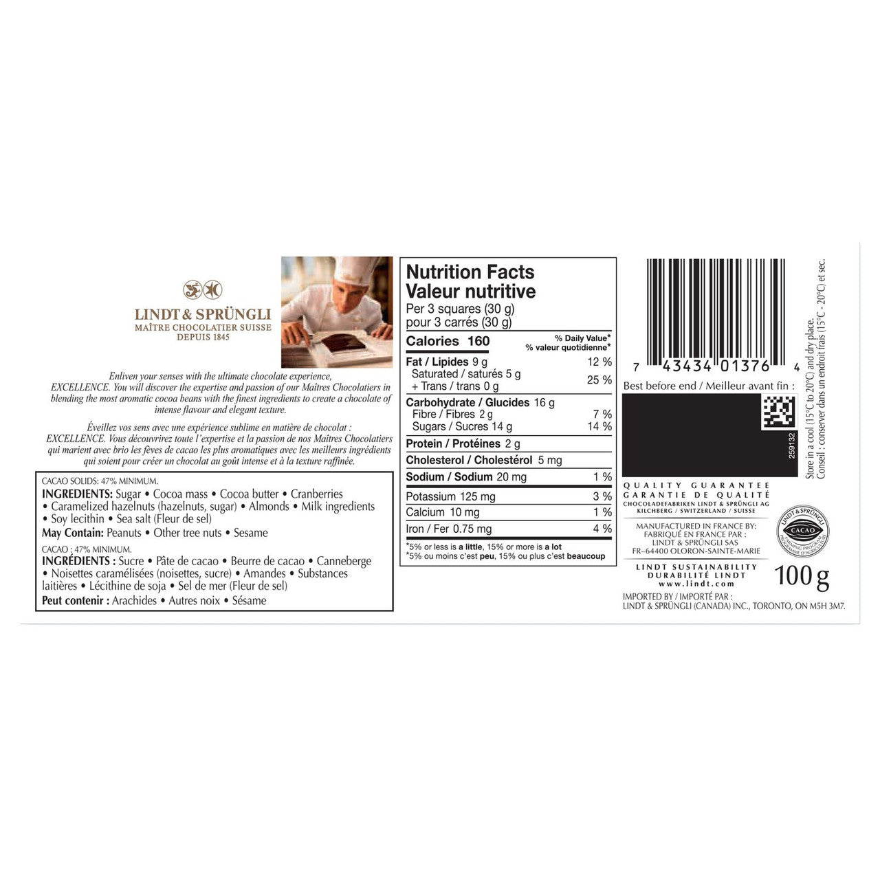 Lindt Excellence Cranberry & Nuts Dark Chocolate Bar – 100g - Back side