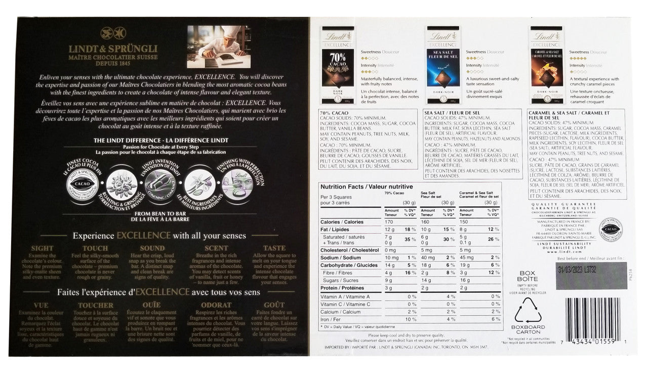 Lindt Excellence Dark Chocolate Collection, Sea Salt, 70% Cacao, Caramel & Sea Salt, 800g/28 oz., {Imported from Canada}