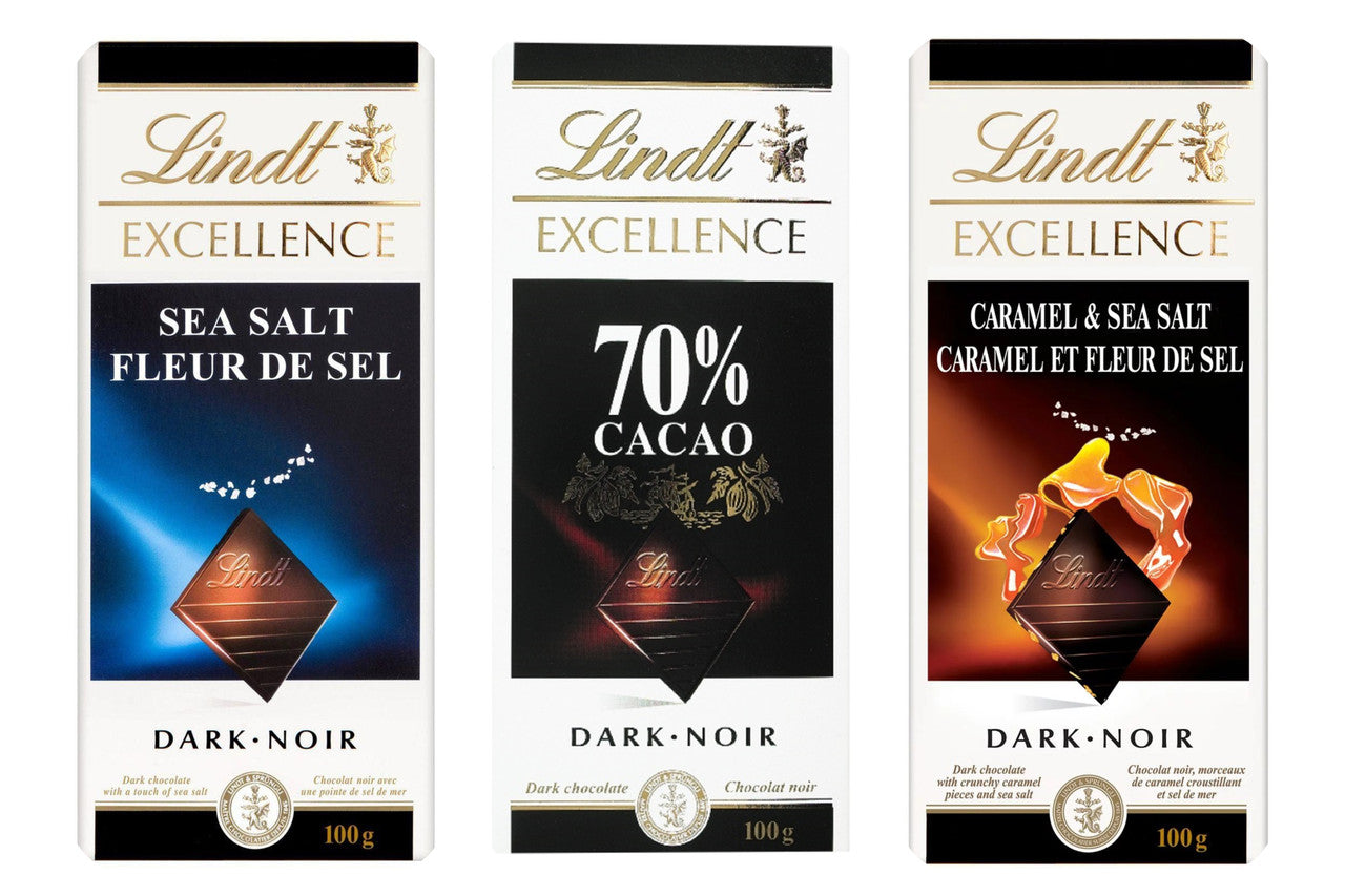 Lindt Excellence Dark Chocolate Collection, Sea Salt, 70% Cacao, Caramel & Sea Salt, 800g/28 oz., {Imported from Canada}