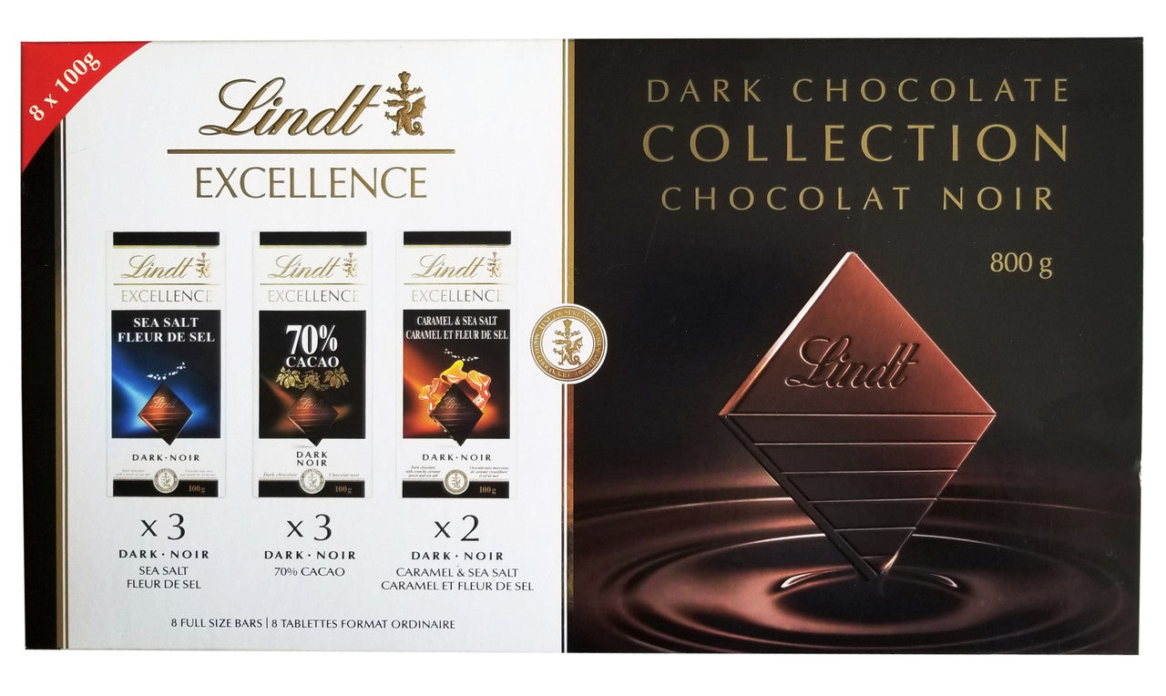 Lindt Excellence Dark Chocolate Collection, Sea Salt, 70% Cacao, Caramel & Sea Salt, 800g/28 oz., {Imported from Canada}