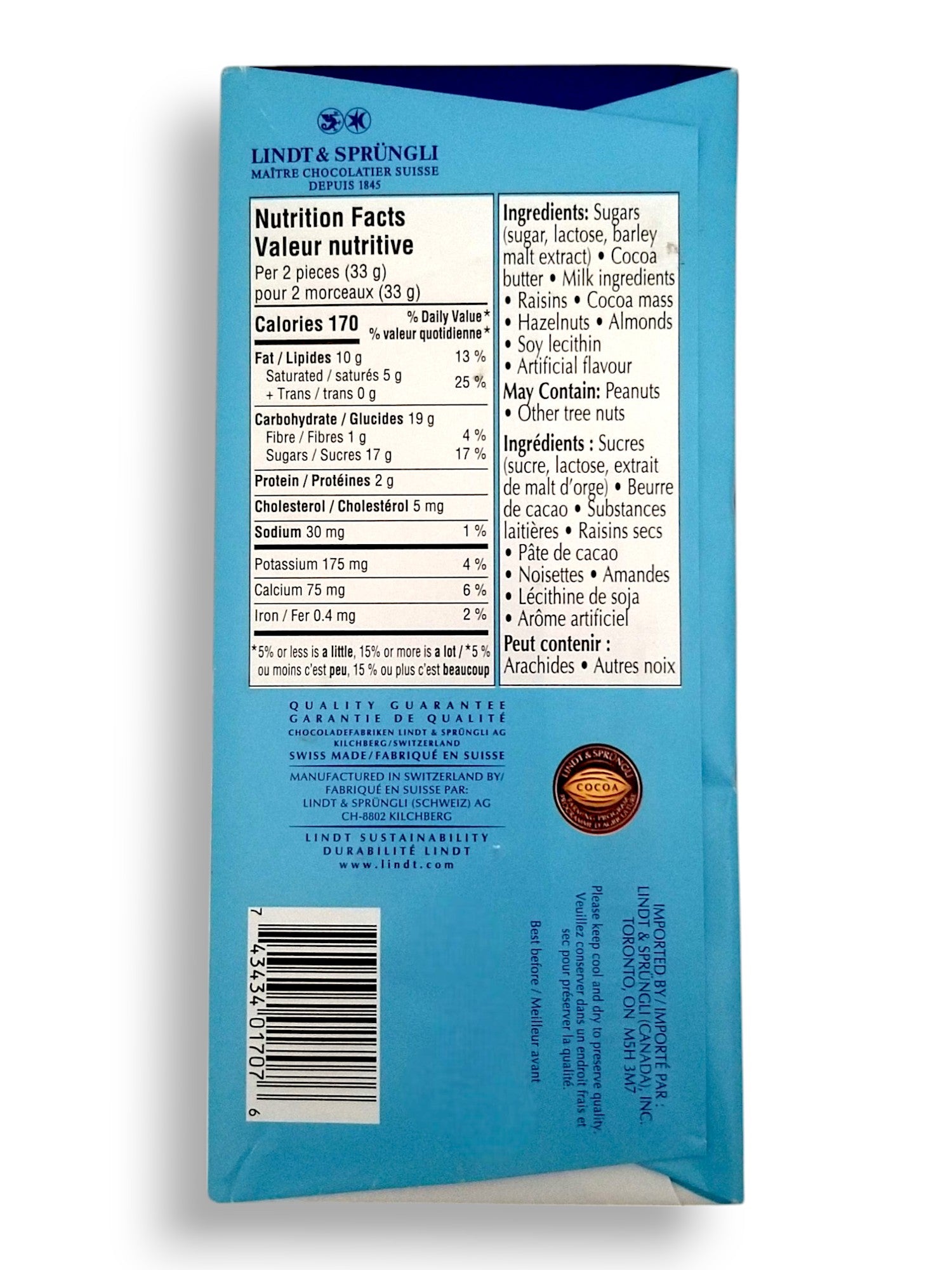 Lindt Swiss Classic Fruit & Nut Milk Chocolate Bar, 200g/7.1 oz. Bar - Back