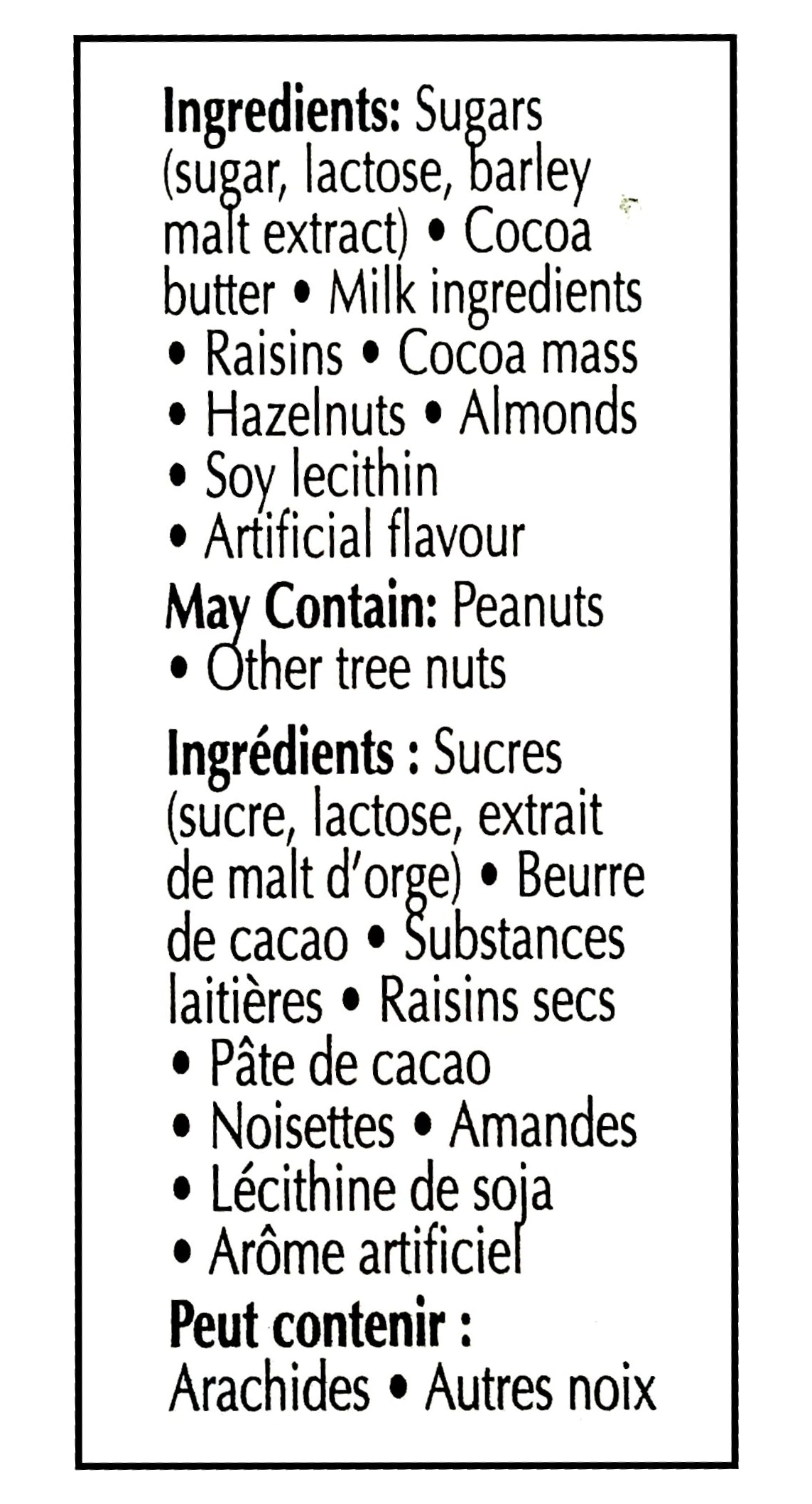 Lindt Swiss Classic Fruit & Nut Milk Chocolate Bar, 200g/7.1 oz. Bar - Ingredients Label