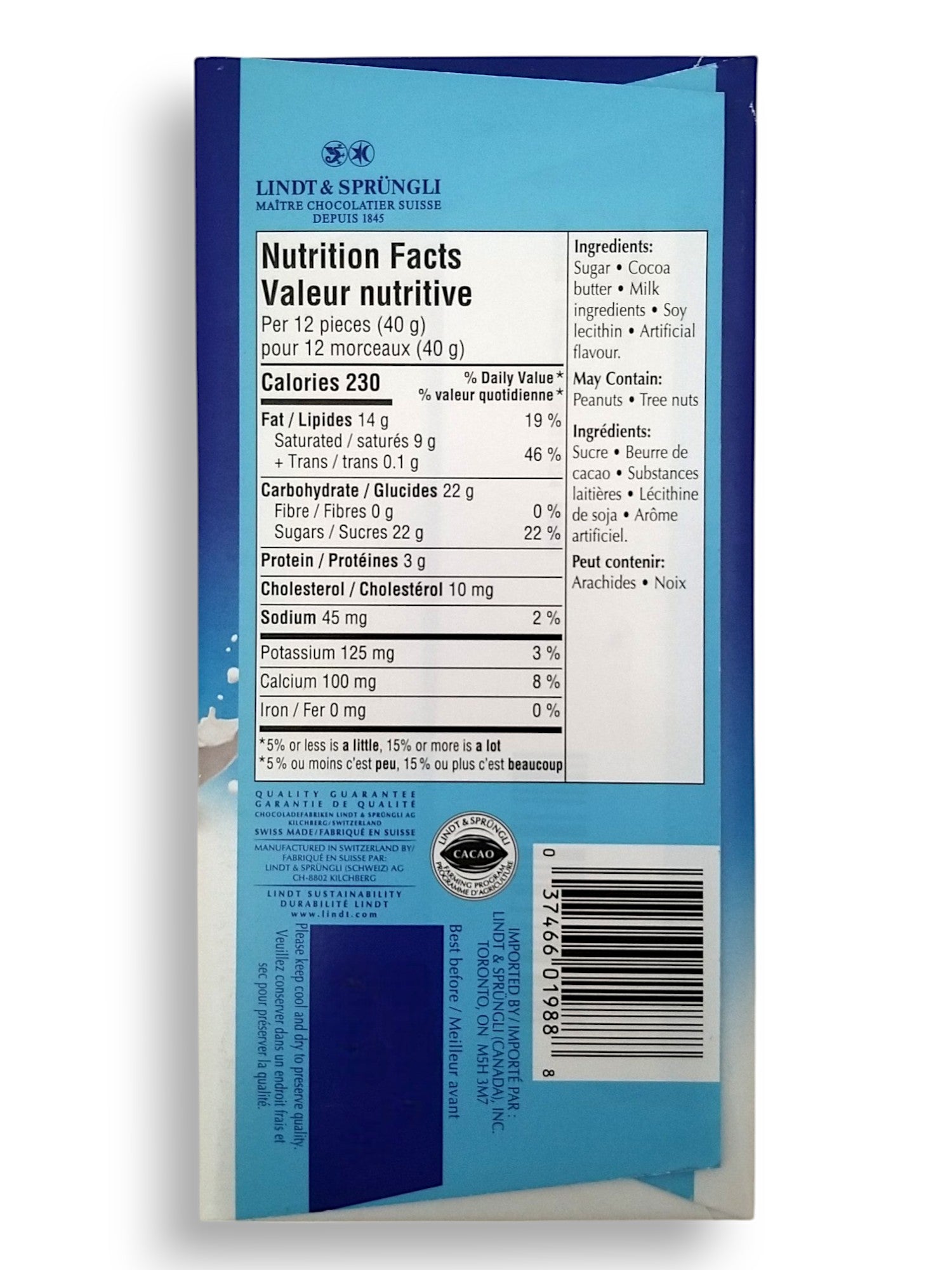 Lindt Swiss Classic White Chocolate Bar, 100g/3.5 oz. - Back