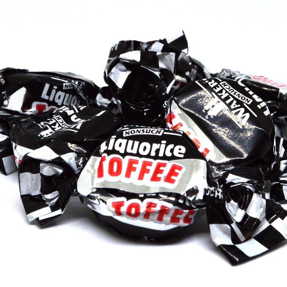 Walker's Nonsuch Liquorice Toffees, 150g/5.3 oz., Bag, toffees in a pile.