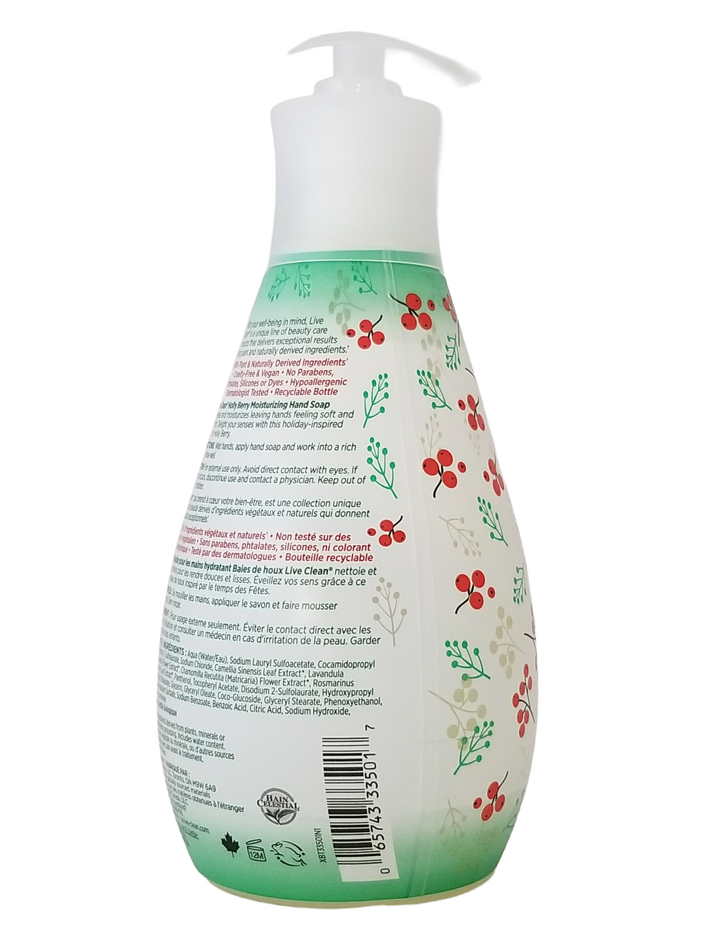 Live Clean Holly Berry hand soap bottle with floral design and text on a white background