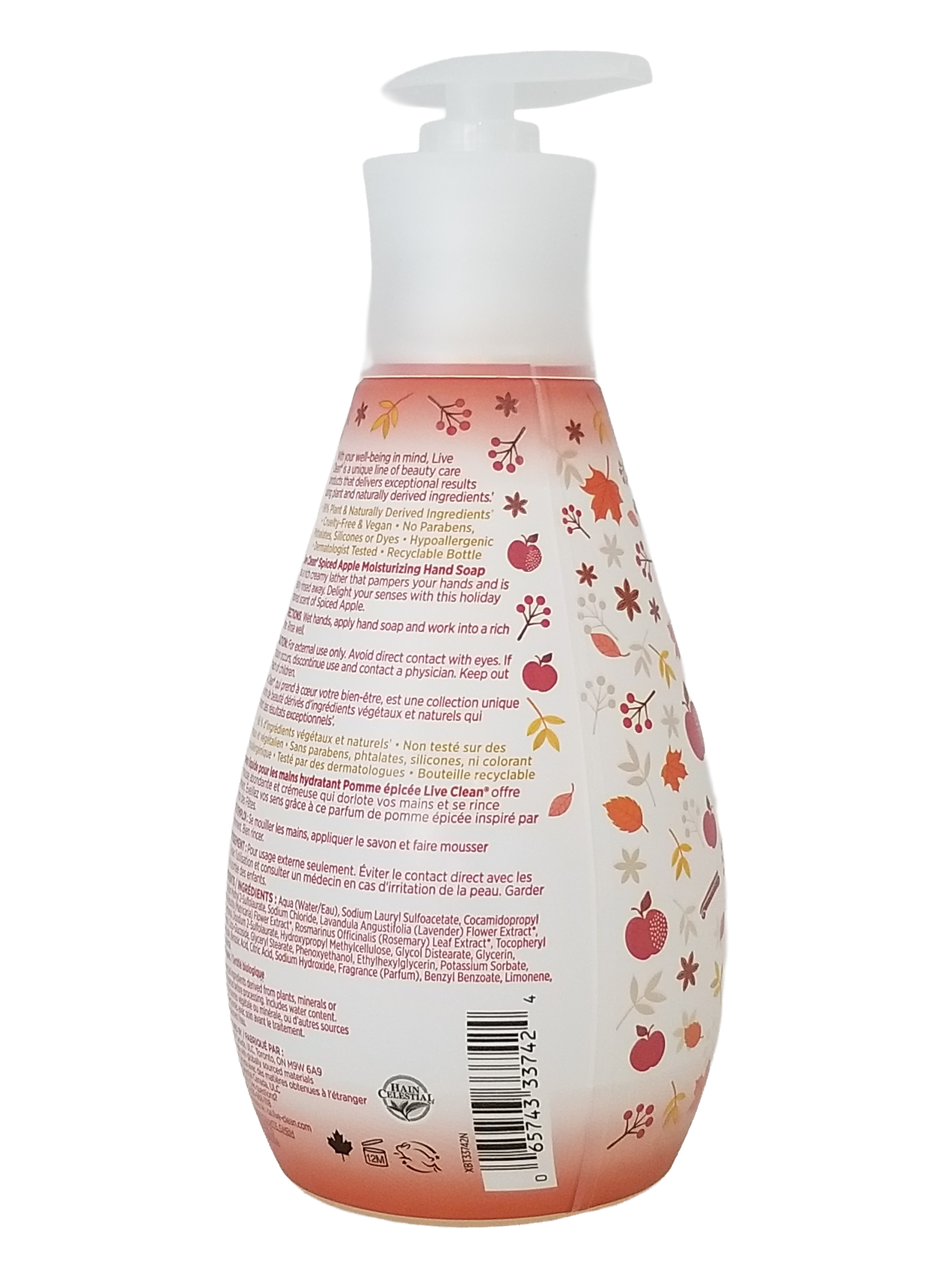 Hand soap bottle of Live Clean Spiced Apple Moisturizing Hand Soap, Holiday Inspired, 500ml with floral design and text on a white background