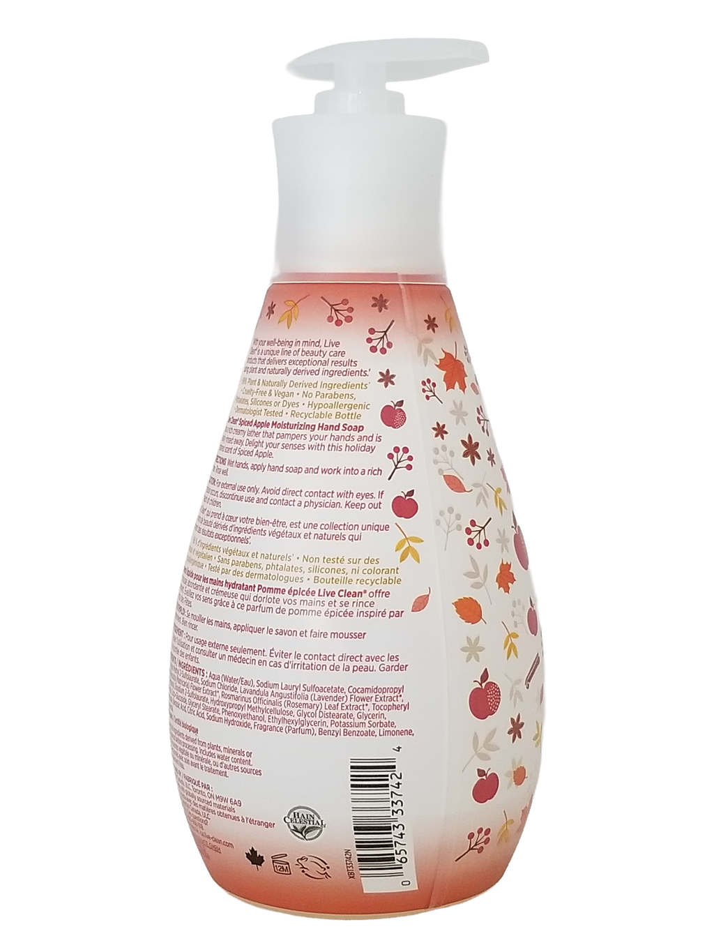 Hand soap bottle of Live Clean Spiced Apple Moisturizing Hand Soap, Holiday Inspired, 500ml with floral design and text on a white background