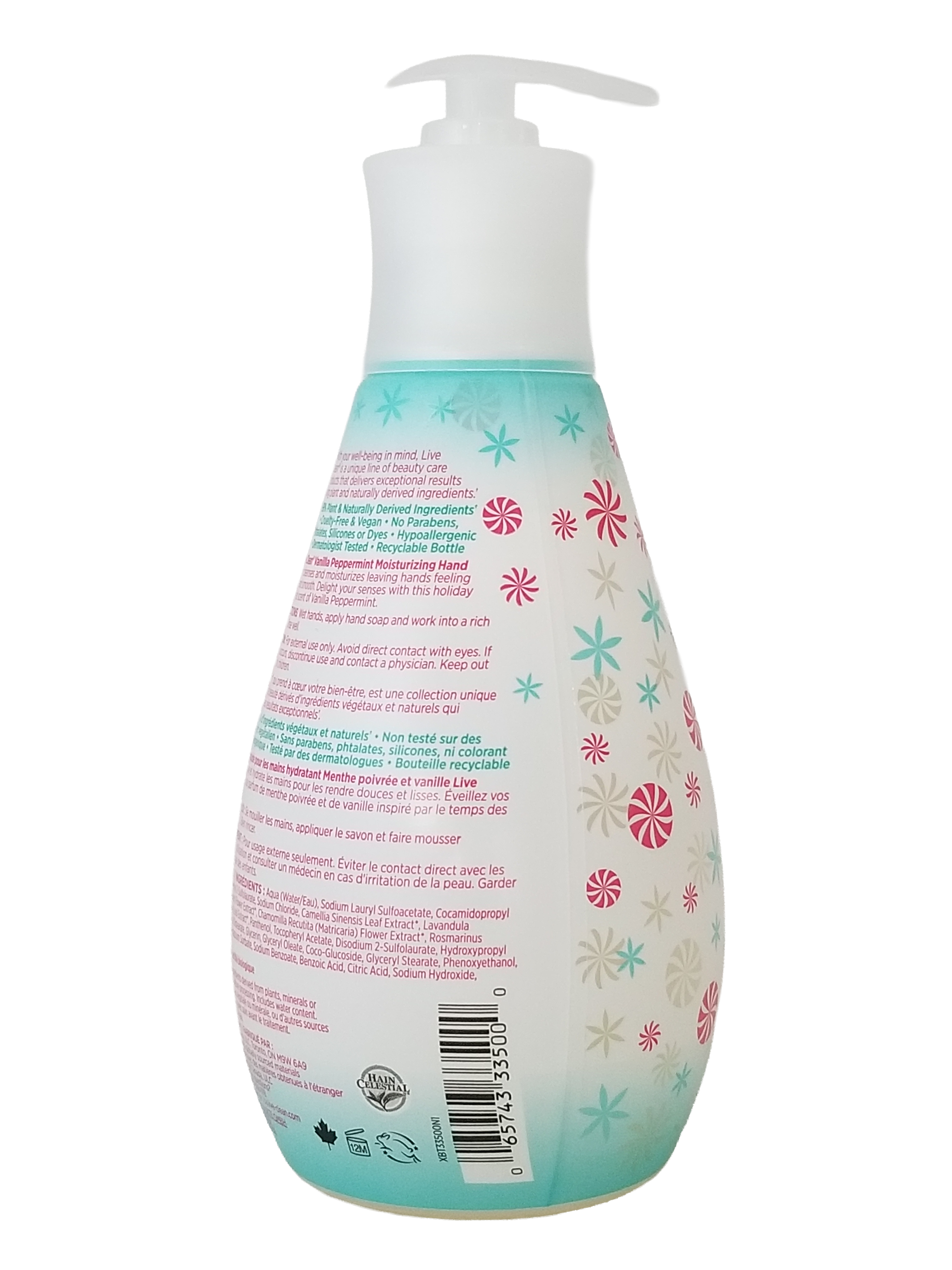 Bottle of Live Clean Vanilla Peppermint Moisturizing Hand Soap with decorative label on a white background