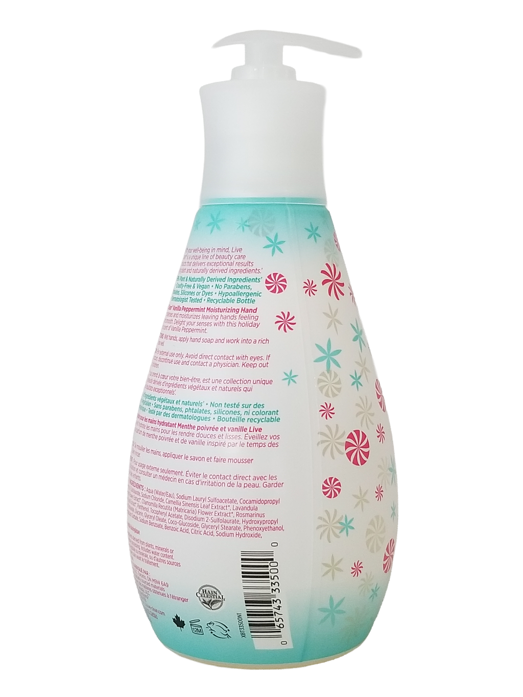 Bottle of Live Clean Vanilla Peppermint Moisturizing Hand Soap with decorative label on a white background