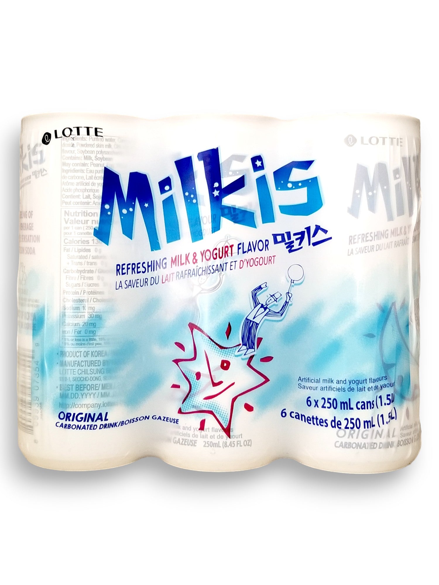 Lotte Milkis Refreshing Milk & Yogurt Flavor, Original Carbonated Drink, (6x250ml), 1.5L/53 oz., Package, front of package.