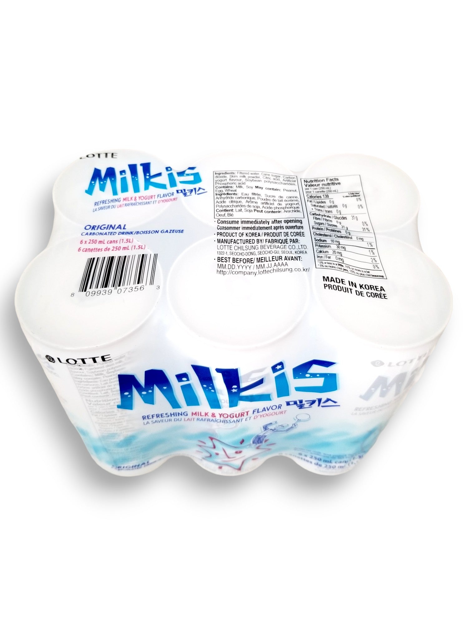 Lotte Milkis Refreshing Milk & Yogurt Flavor, Original Carbonated Drink, (6x250ml), 1.5L/53 oz., Package, top of package with upc.