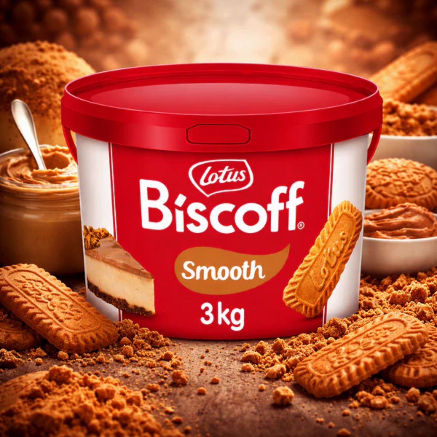 Lotus Biscoff Spread Smooth 3 kg jar front — Lotus flavor label close-up