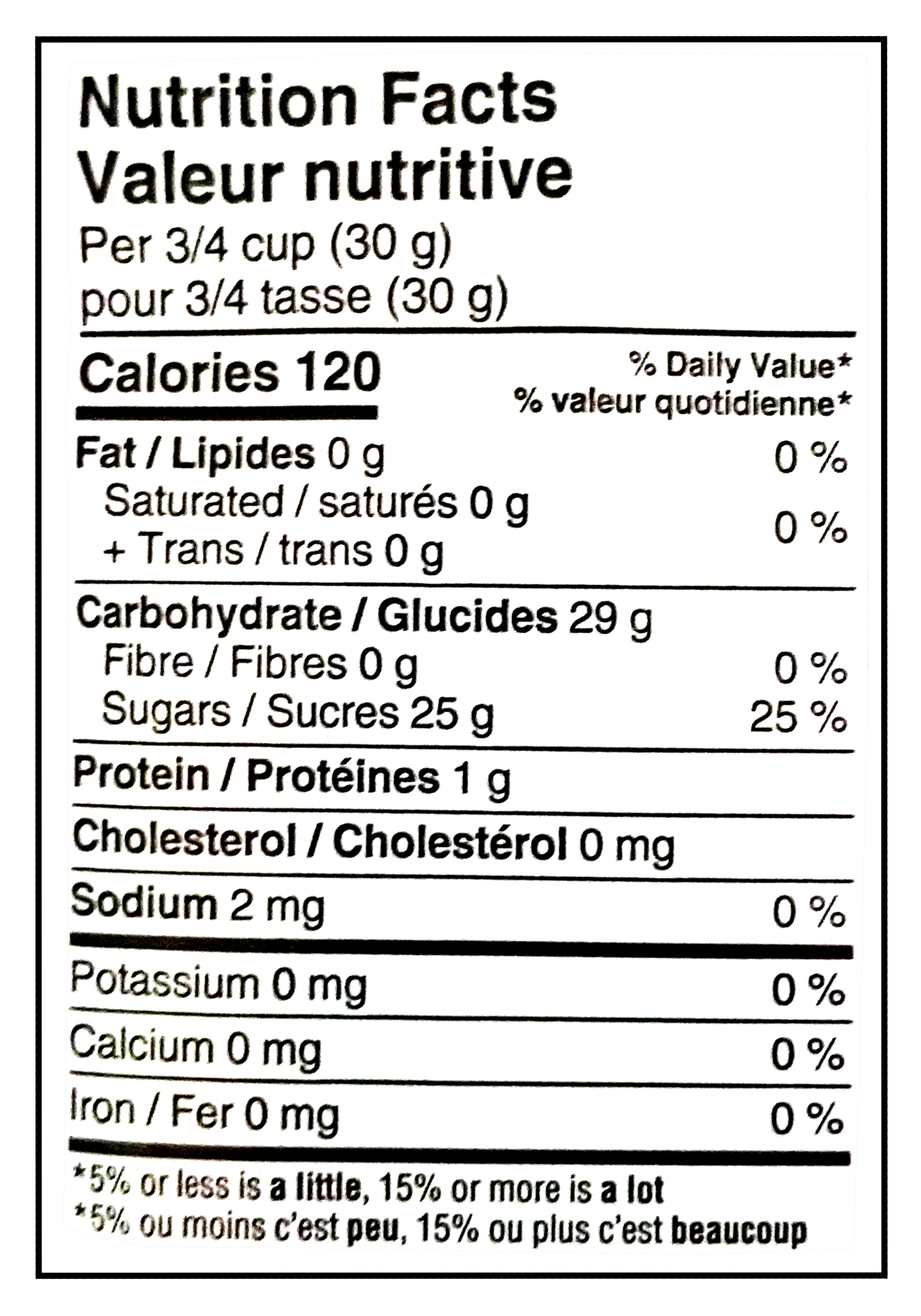Nutrition facts label for LUCKY CHARMS Just Magical Marshmallows, 113g/3.9 oz