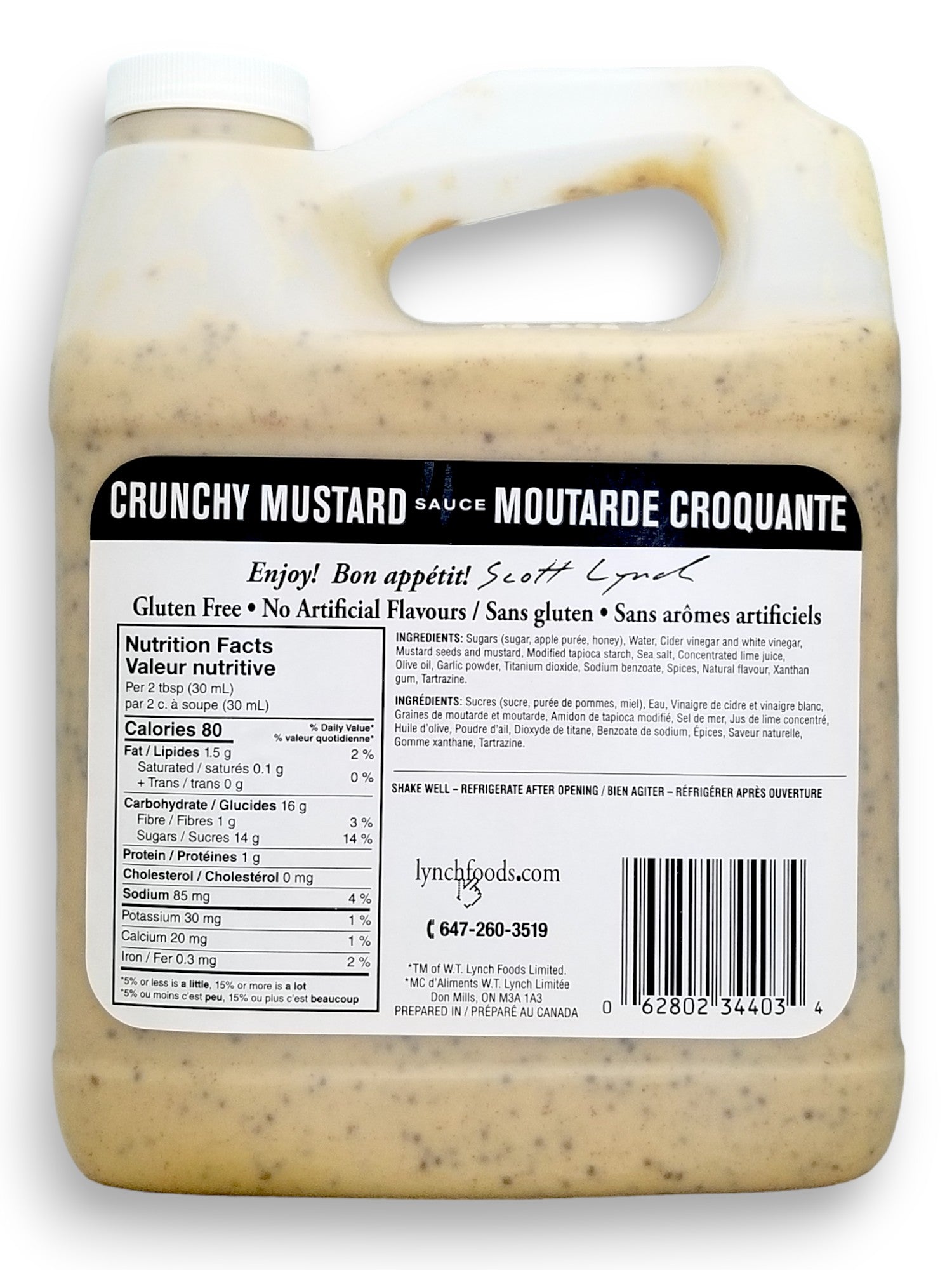 Lynch Gourmet Crunchy Mustard Sauce 2 L/67.6 Fl. oz., Jug, back of jug.