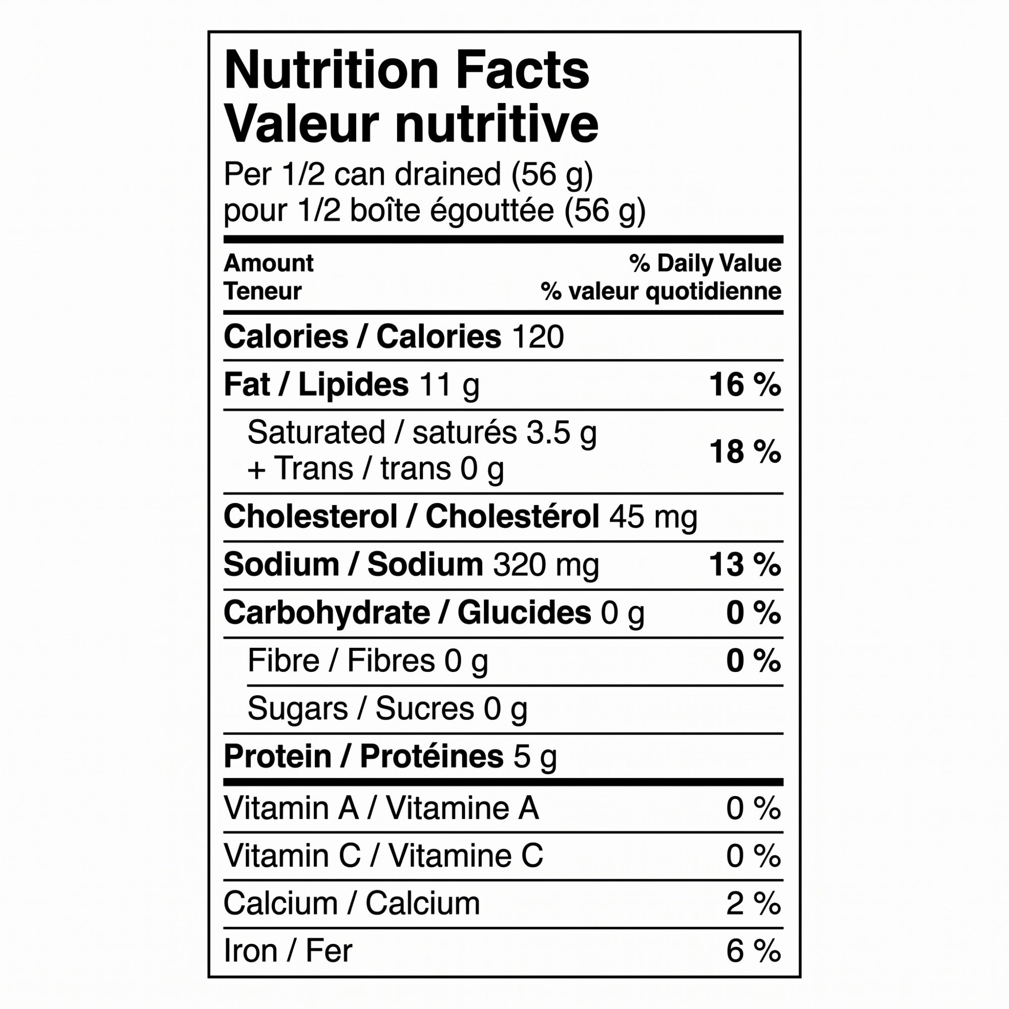 Maple Leaf Vienna Sausage 113 g (4 oz) can, nutrition facts panel