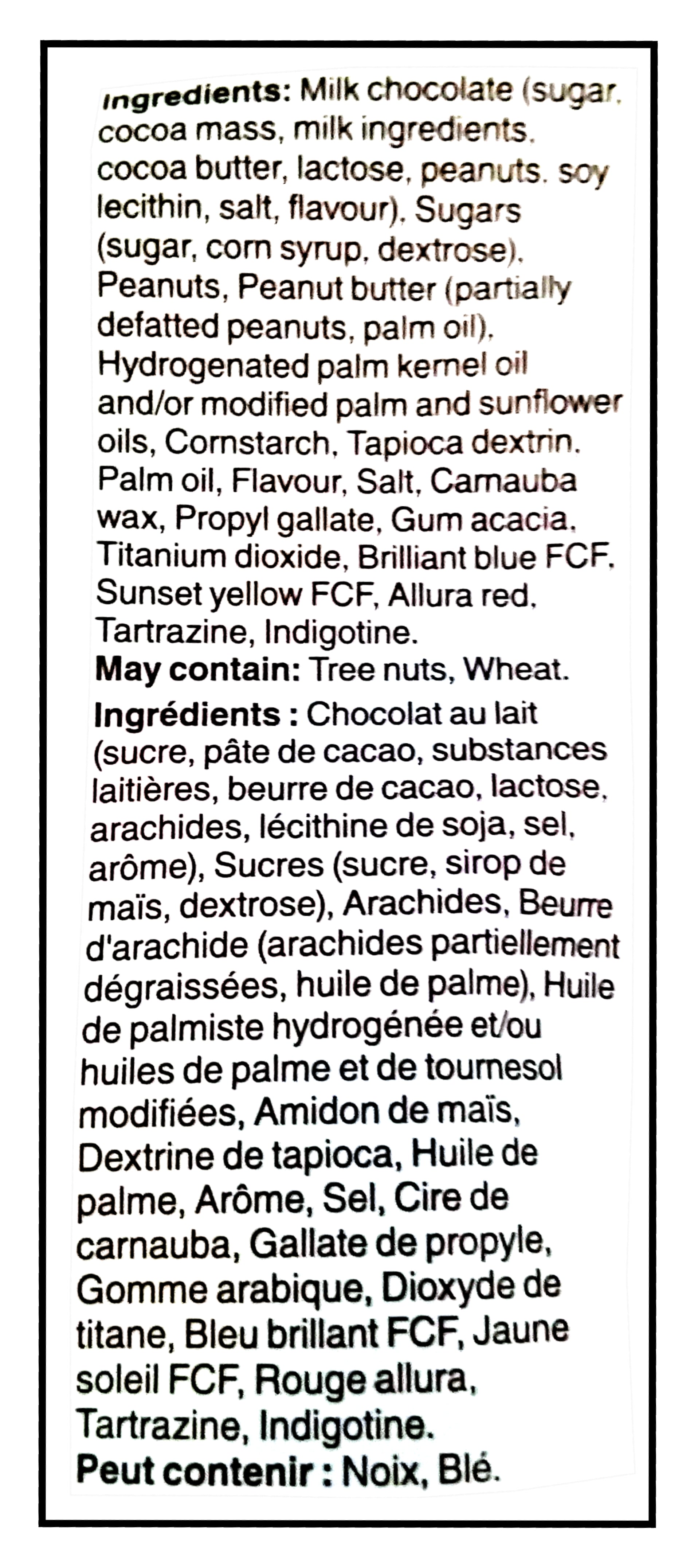 M&M's Classic Mix Pack, Milk Chocolate, Peanut Butter, Peanuts Center, 155g/5.5 oz. - Ingredients Label