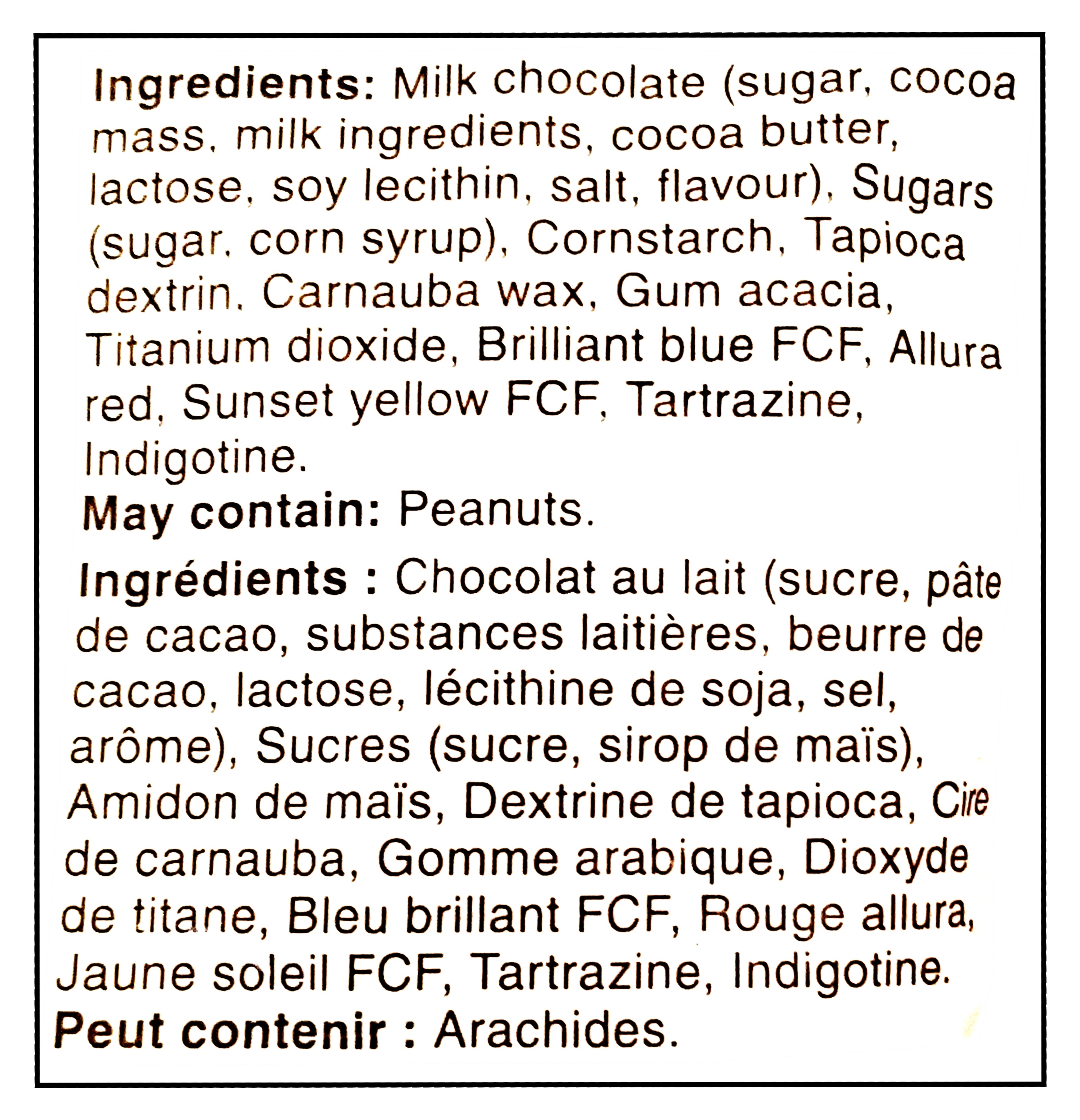 M&Ms Minis Milk Chocolate Candies, Sharing Bag, 165g/5.8 oz - Ingredients Label