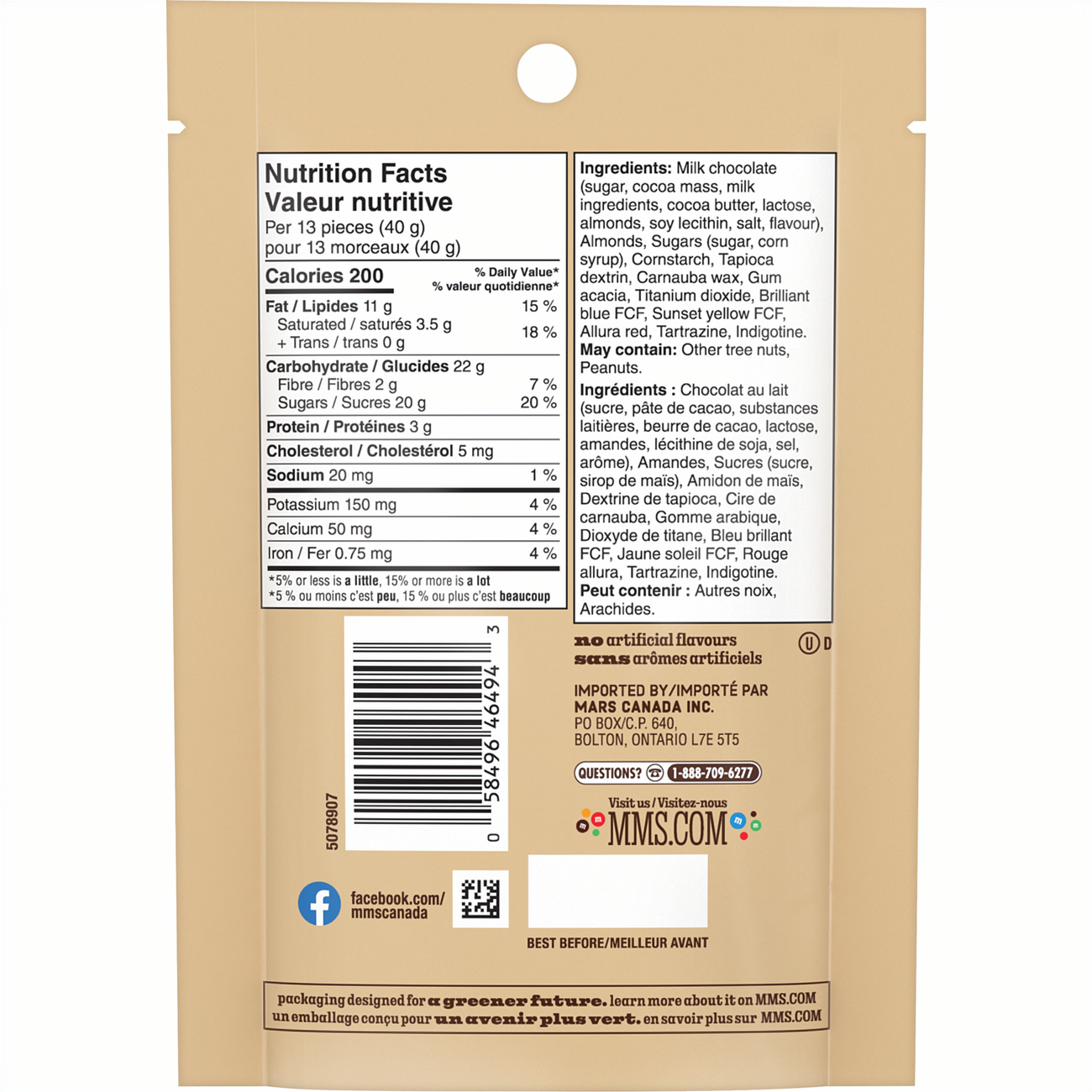 M&M's Almond Milk Chocolate Candies, Sharing - Size, 155g/5.5 oz., Bag, back of bag.