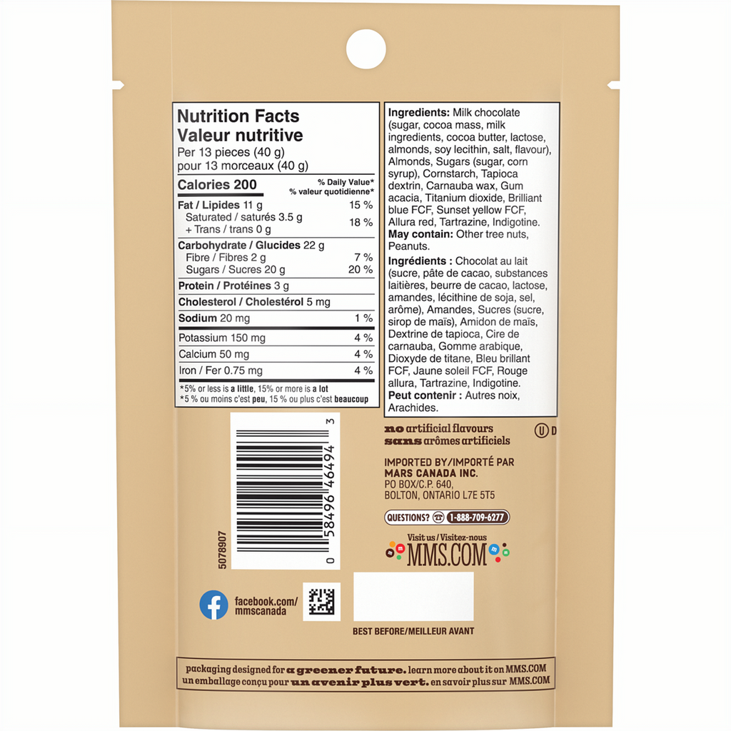 M&M's Almond Milk Chocolate Candies, Sharing - Size, 155g/5.5 oz., Bag, back of bag.